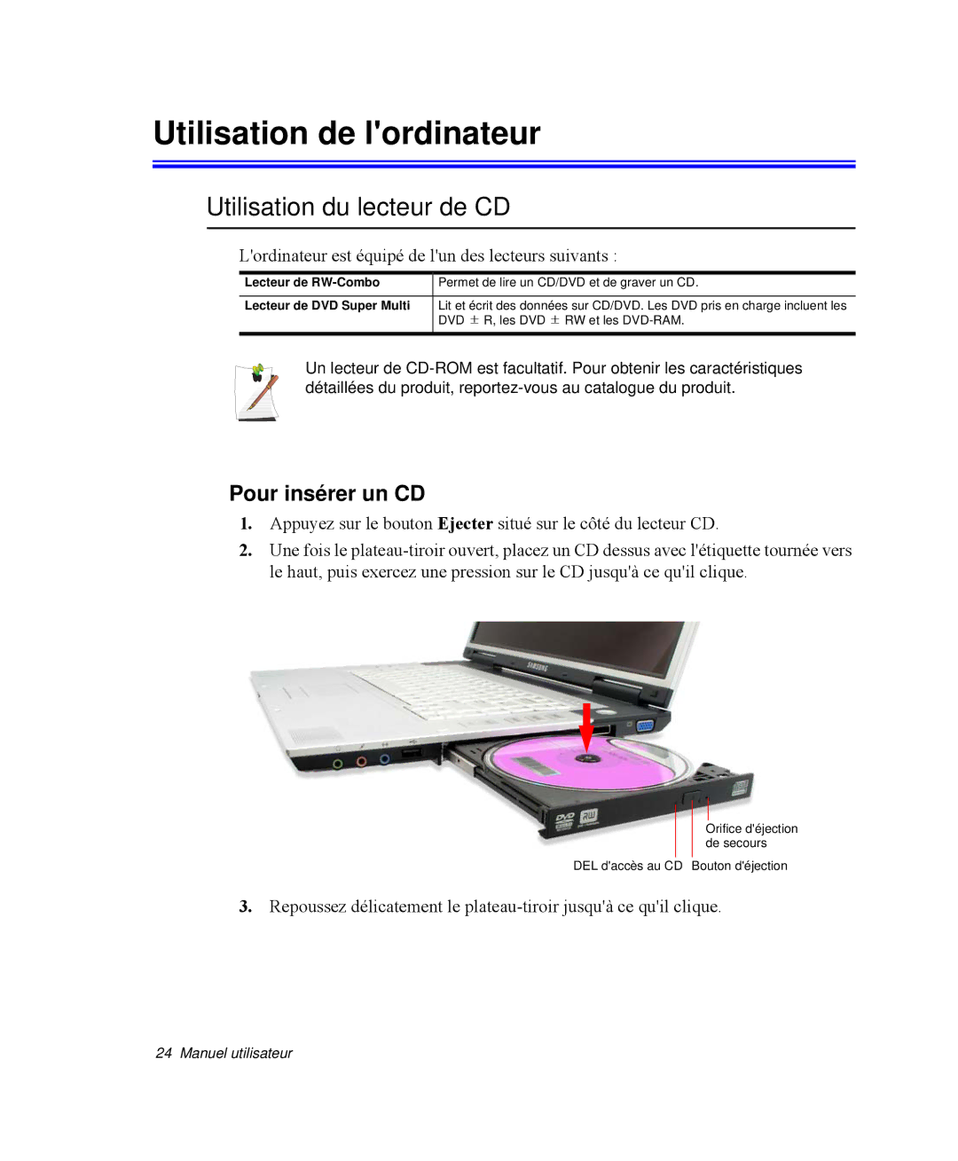 Samsung NP-M55G000/SEF, NP-M55T000/SEF manual Utilisation de lordinateur, Utilisation du lecteur de CD, Pour insérer un CD 