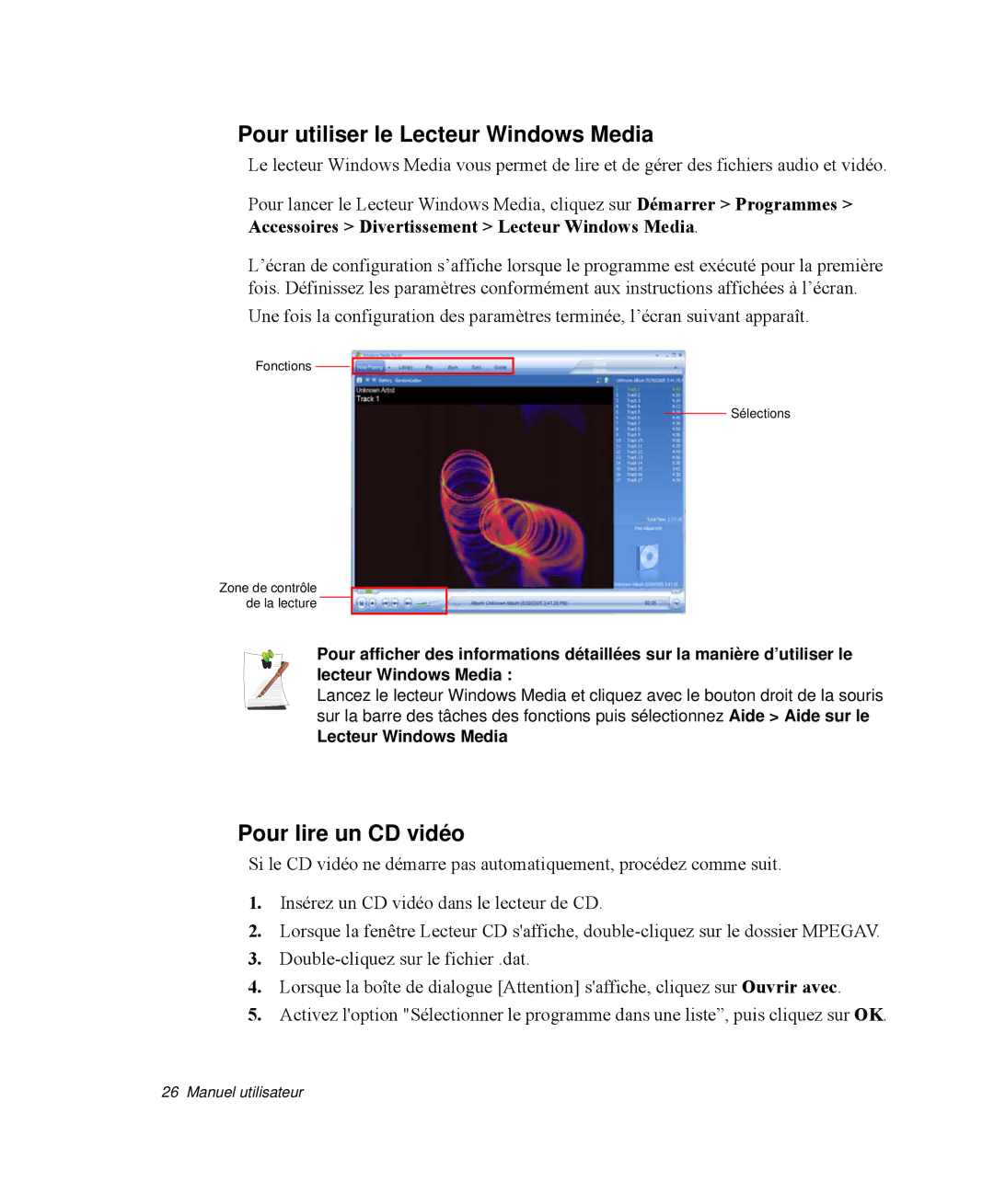 Samsung NP-M55C000/SEF, NP-M55T000/SEF, NP-M55G000/SEF manual Pour utiliser le Lecteur Windows Media, Pour lire un CD vidéo 