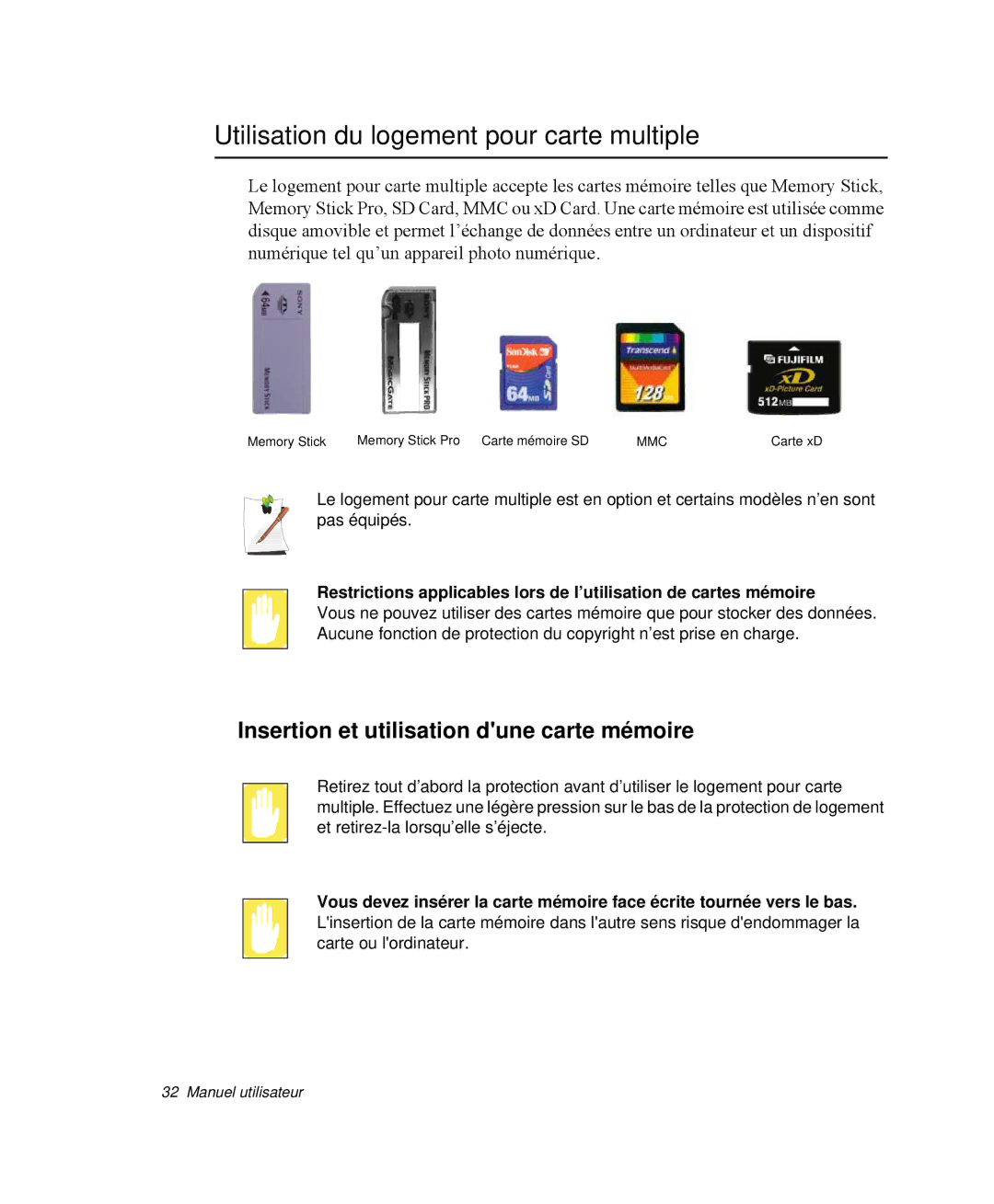 Samsung NP-M55C000/SEF manual Utilisation du logement pour carte multiple, Insertion et utilisation dune carte mémoire 