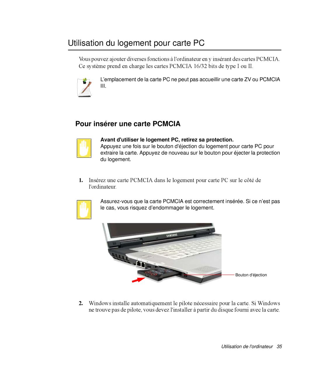 Samsung NP-M55C000/SEF, NP-M55T000/SEF, NP-M55G000/SEF Utilisation du logement pour carte PC, Pour insérer une carte Pcmcia 