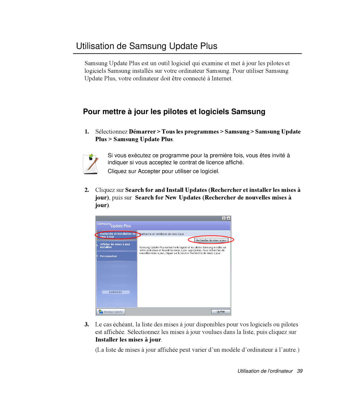 Samsung NP-M55G000/SEF manual Utilisation de Samsung Update Plus, Pour mettre à jour les pilotes et logiciels Samsung 