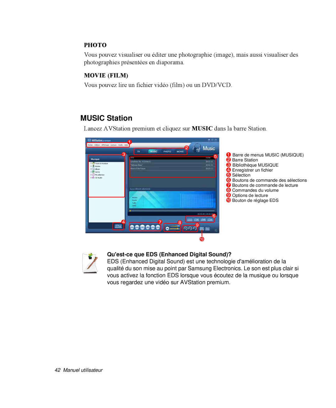 Samsung NP-M55G000/SEF, NP-M55T000/SEF, NP-M55C000/SEF manual Music Station, Quest-ce que EDS Enhanced Digital Sound? 