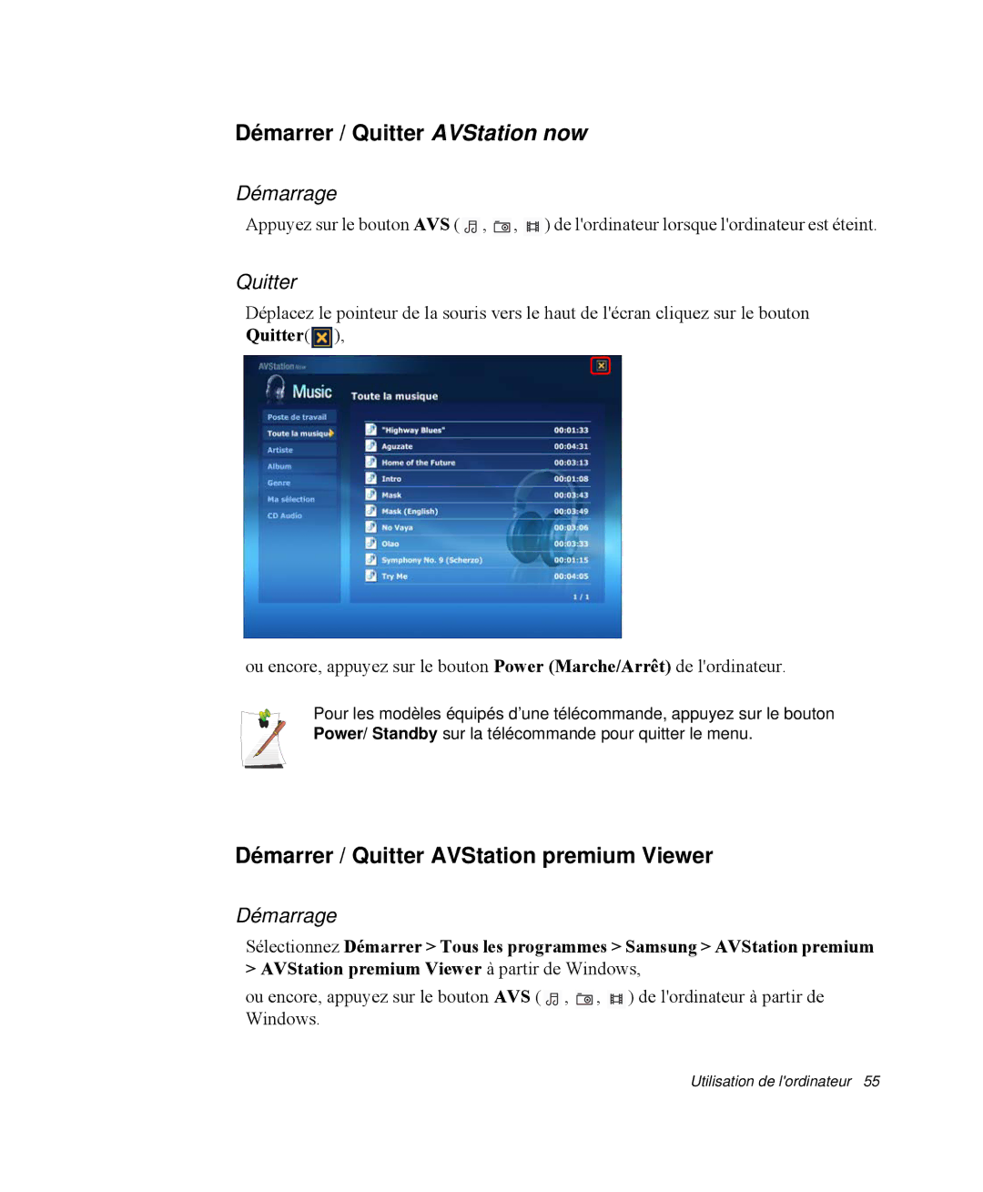 Samsung NP-M55T000/SEF manual Démarrer / Quitter AVStation now, Démarrer / Quitter AVStation premium Viewer, Démarrage 