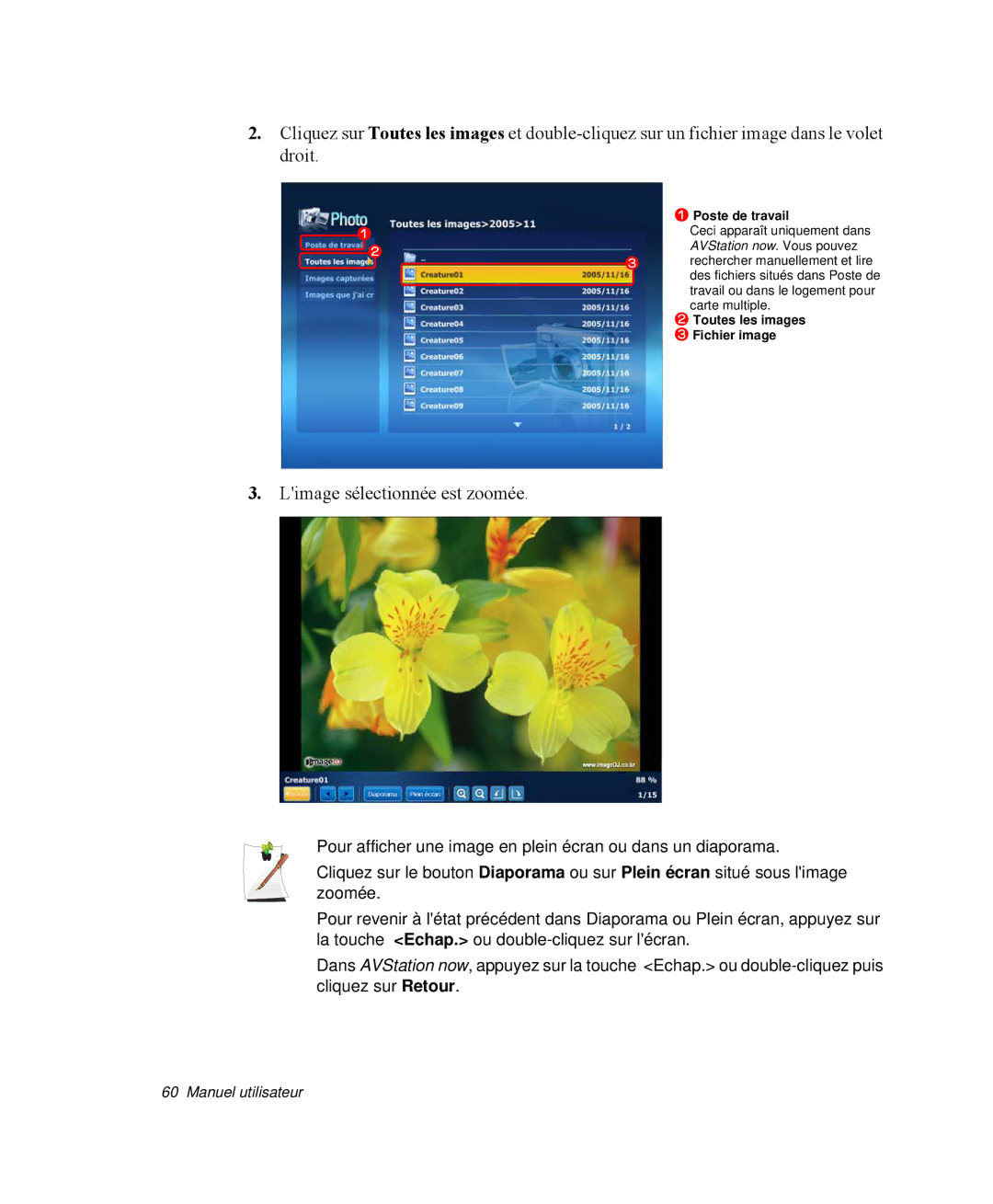 Samsung NP-M55G000/SEF, NP-M55T000/SEF, NP-M55C000/SEF manual Limage sélectionnée est zoomée 