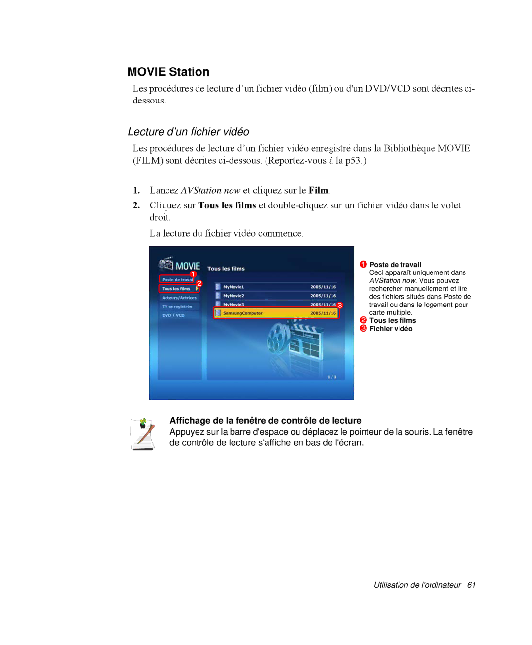 Samsung NP-M55T000/SEF, NP-M55C000/SEF, NP-M55G000/SEF manual Movie Station, Affichage de la fenêtre de contrôle de lecture 