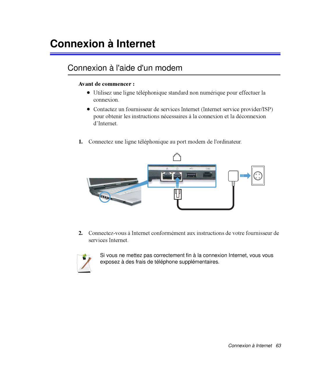 Samsung NP-M55G000/SEF, NP-M55T000/SEF manual Connexion à Internet, Connexion à laide dun modem, Avant de commencer 