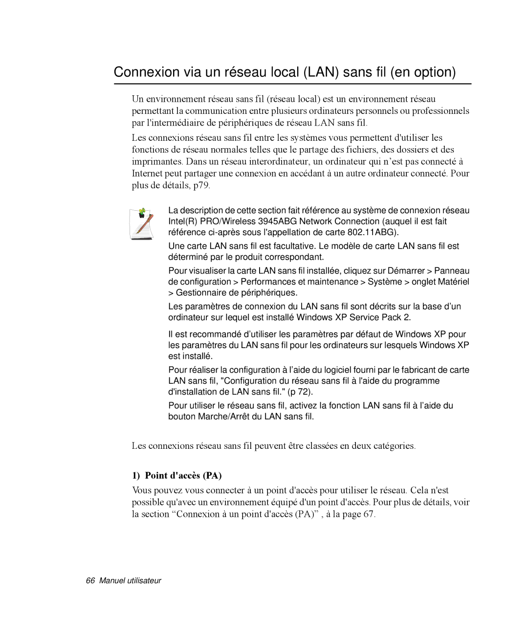 Samsung NP-M55G000/SEF, NP-M55T000/SEF manual Connexion via un réseau local LAN sans fil en option, Point daccès PA 