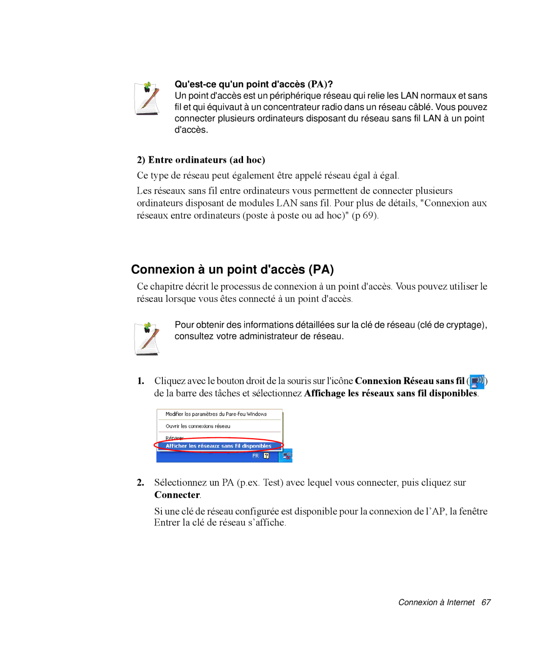 Samsung NP-M55T000/SEF manual Connexion à un point daccès PA, Entre ordinateurs ad hoc, Quest-ce quun point daccès PA? 