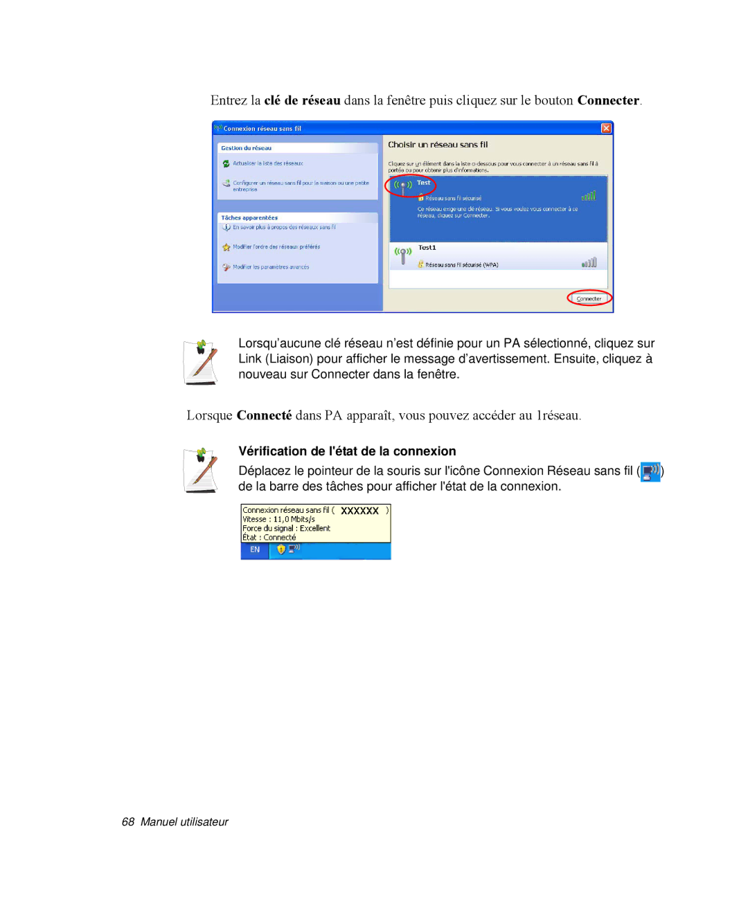 Samsung NP-M55C000/SEF, NP-M55T000/SEF, NP-M55G000/SEF manual Vérification de létat de la connexion 