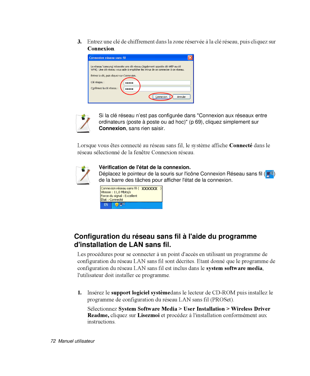 Samsung NP-M55G000/SEF, NP-M55T000/SEF, NP-M55C000/SEF manual Vérification de létat de la connexion 