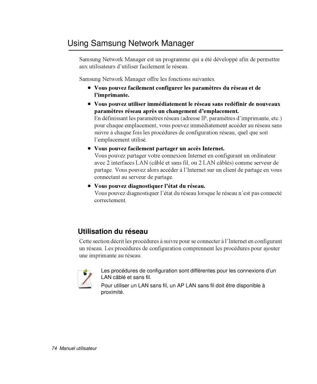 Samsung NP-M55C000/SEF Using Samsung Network Manager, Utilisation du réseau, Vous pouvez diagnostiquer l’état du réseau 