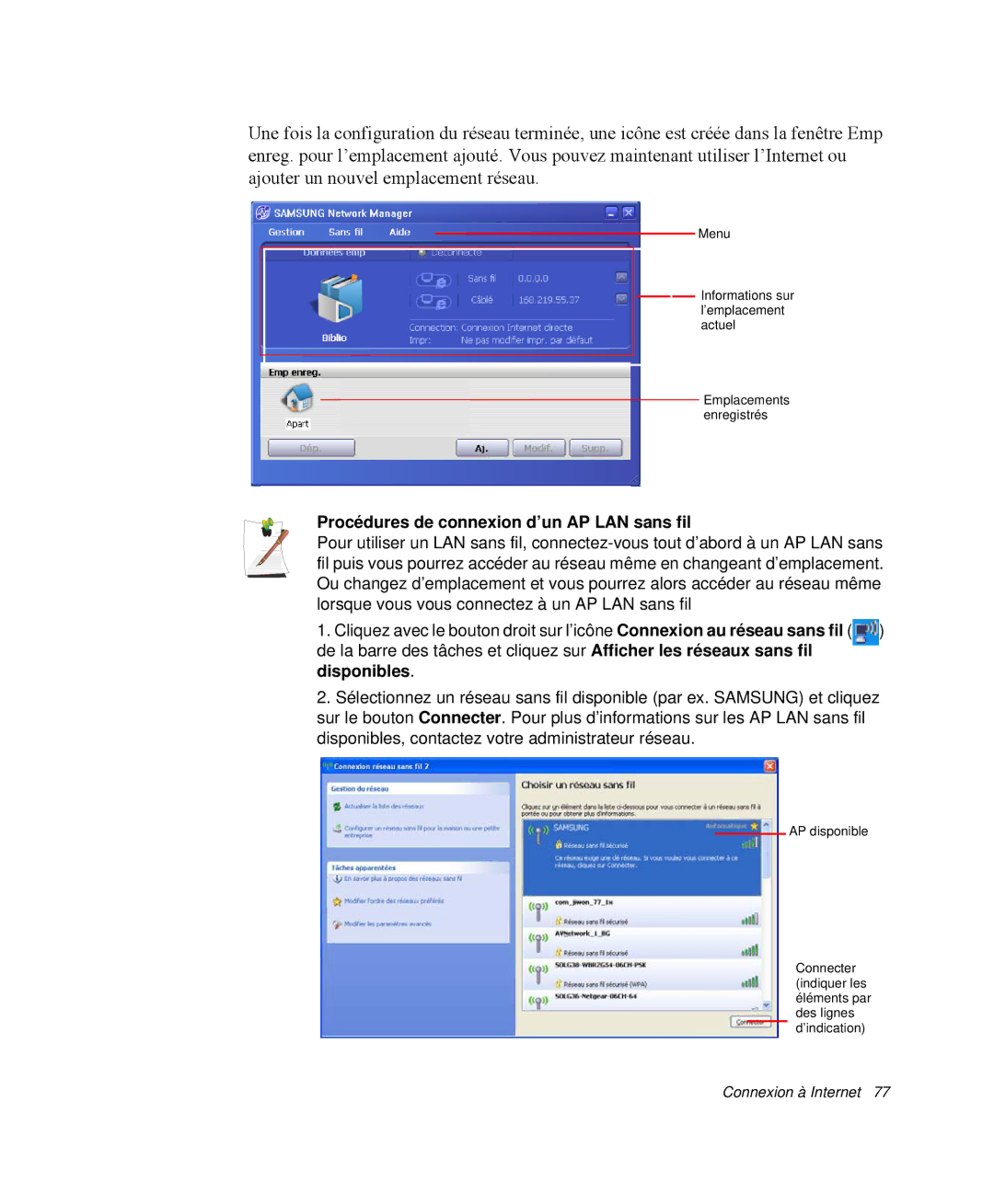 Samsung NP-M55C000/SEF, NP-M55T000/SEF, NP-M55G000/SEF manual Procédures de connexion d’un AP LAN sans fil 