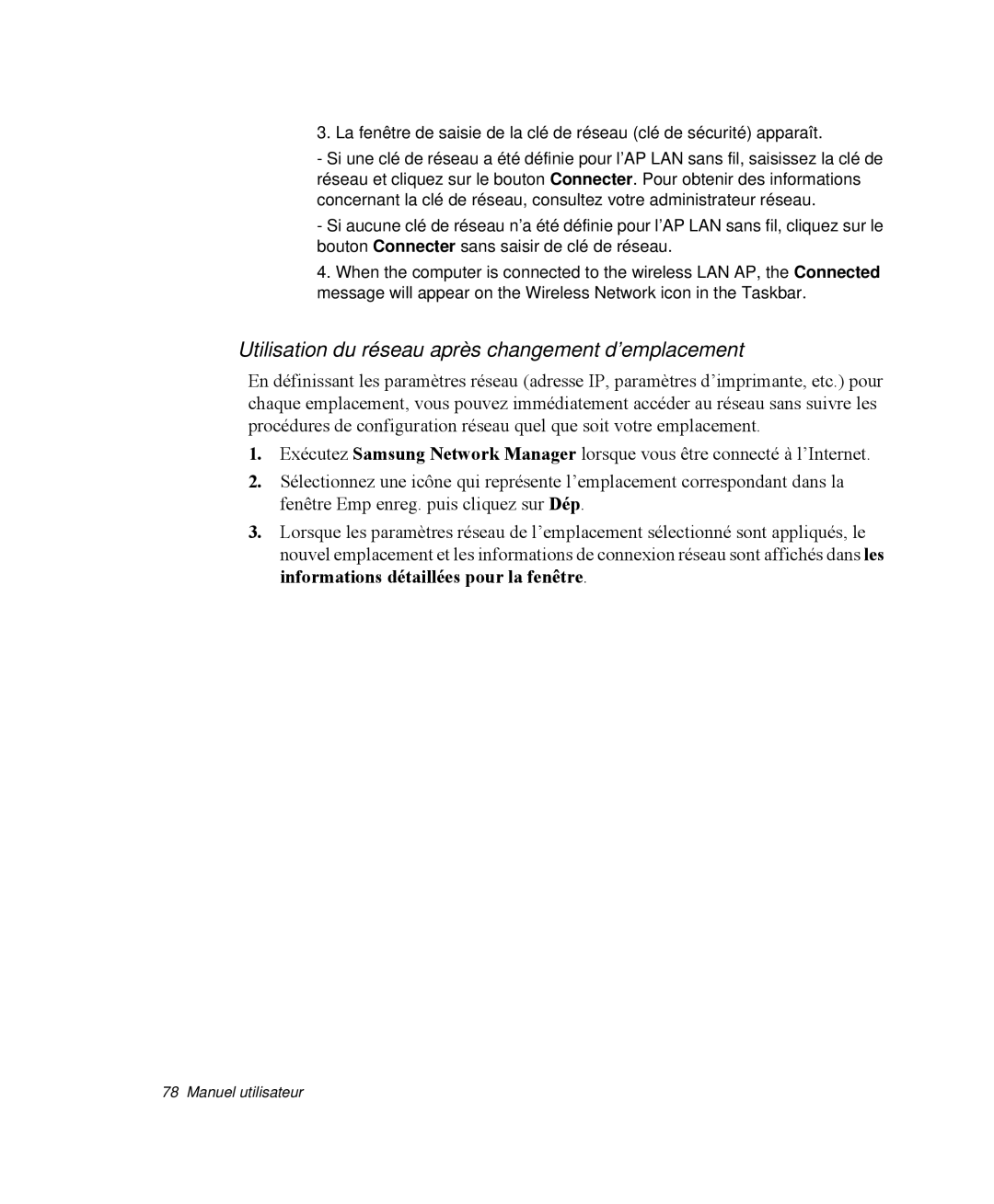 Samsung NP-M55G000/SEF, NP-M55T000/SEF, NP-M55C000/SEF manual Utilisation du réseau après changement d’emplacement 