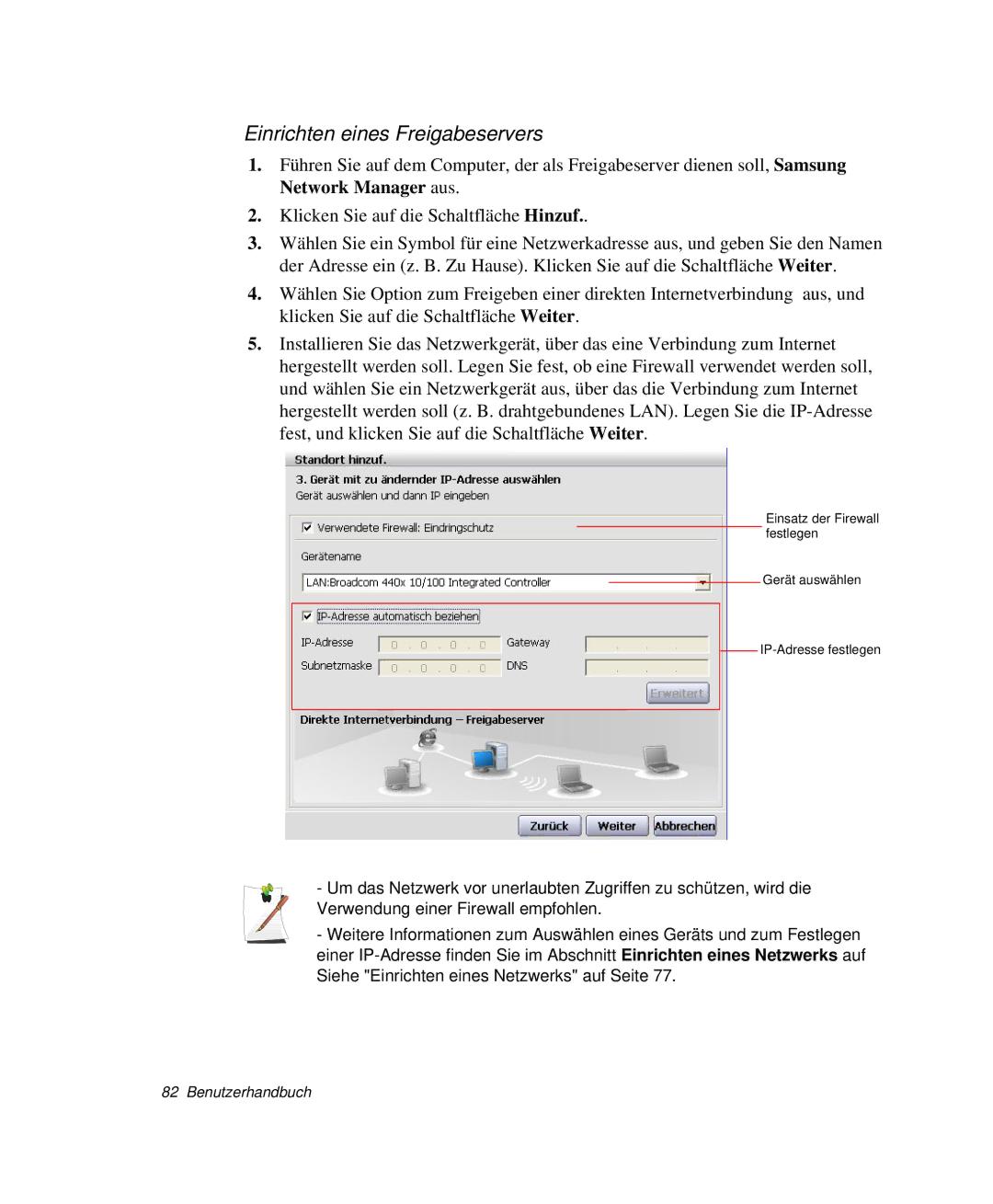 Samsung NP-M55T001/SEG, NP-M55T000/SEG, NP-M55C000/SEG, NP-M55T002/SEG manual Einrichten eines Freigabeservers 