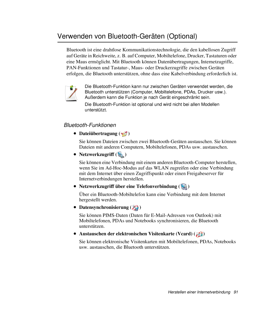 Samsung NP-M55T002/SEG, NP-M55T000/SEG, NP-M55C000/SEG manual Verwenden von Bluetooth-Geräten Optional, Bluetooth-Funktionen 