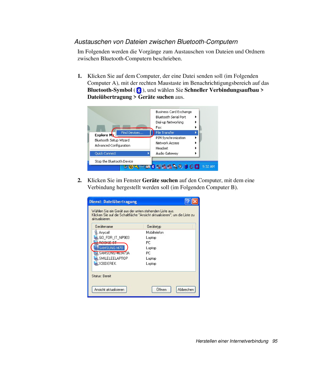 Samsung NP-M55T002/SEG, NP-M55T000/SEG, NP-M55C000/SEG, NP-M55T001/SEG Austauschen von Dateien zwischen Bluetooth-Computern 