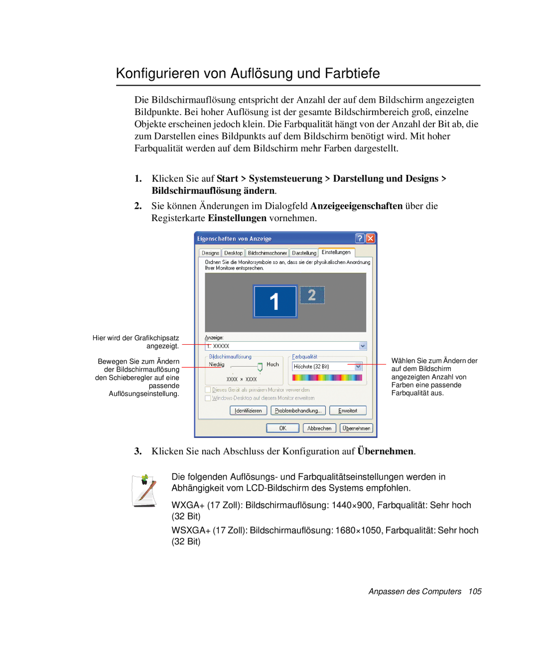 Samsung NP-M55C000/SEG, NP-M55T000/SEG, NP-M55T001/SEG, NP-M55T002/SEG manual Konfigurieren von Auflösung und Farbtiefe 