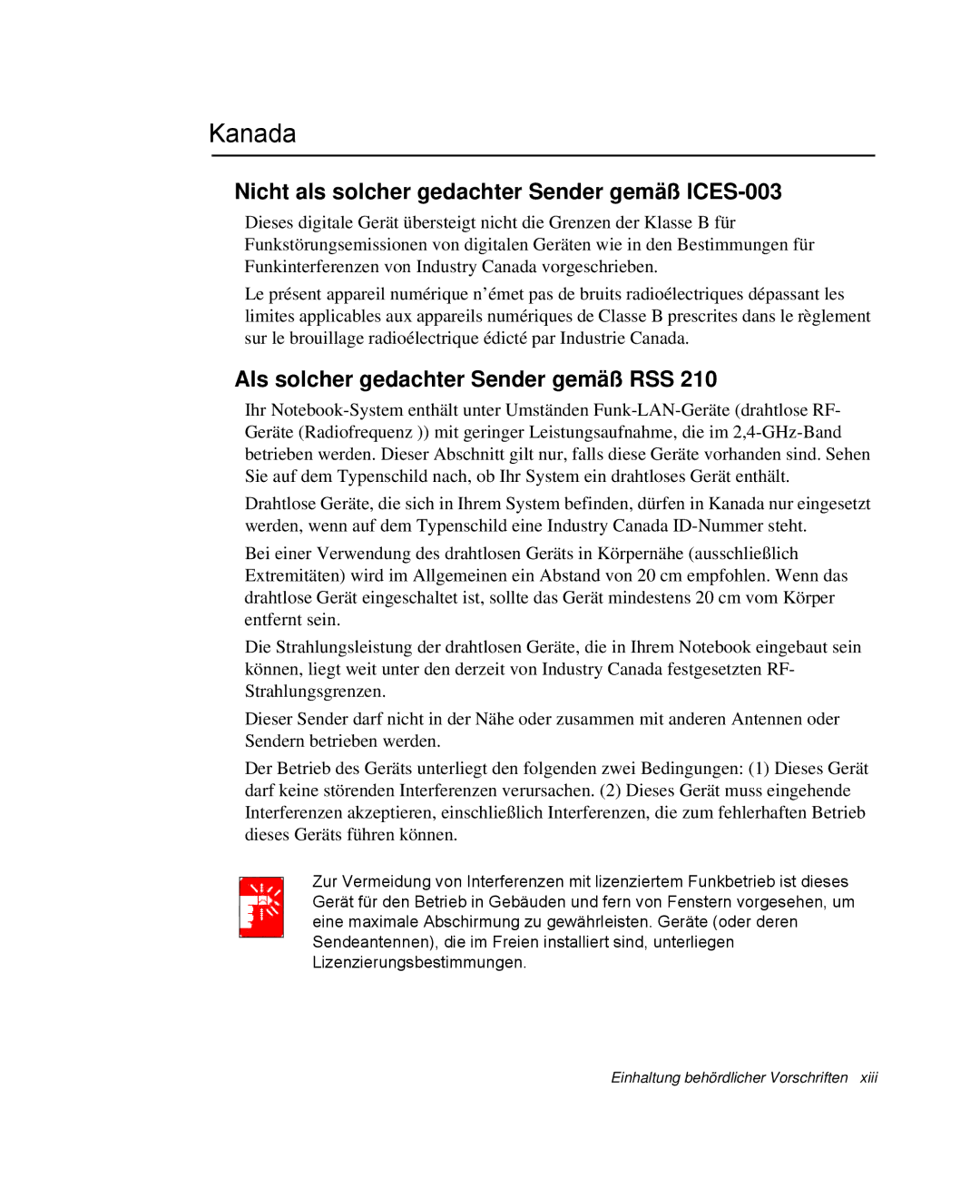 Samsung NP-M55C000/SEG Kanada, Nicht als solcher gedachter Sender gemäß ICES-003, Als solcher gedachter Sender gemäß RSS 