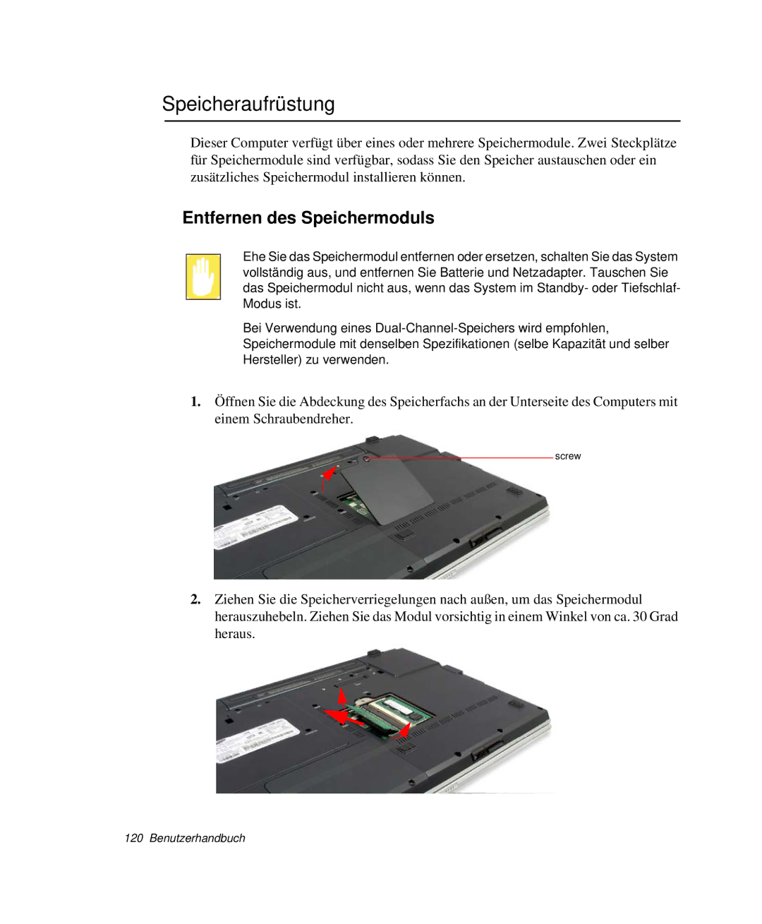 Samsung NP-M55T000/SEG, NP-M55C000/SEG, NP-M55T001/SEG, NP-M55T002/SEG manual Speicheraufrüstung, Entfernen des Speichermoduls 