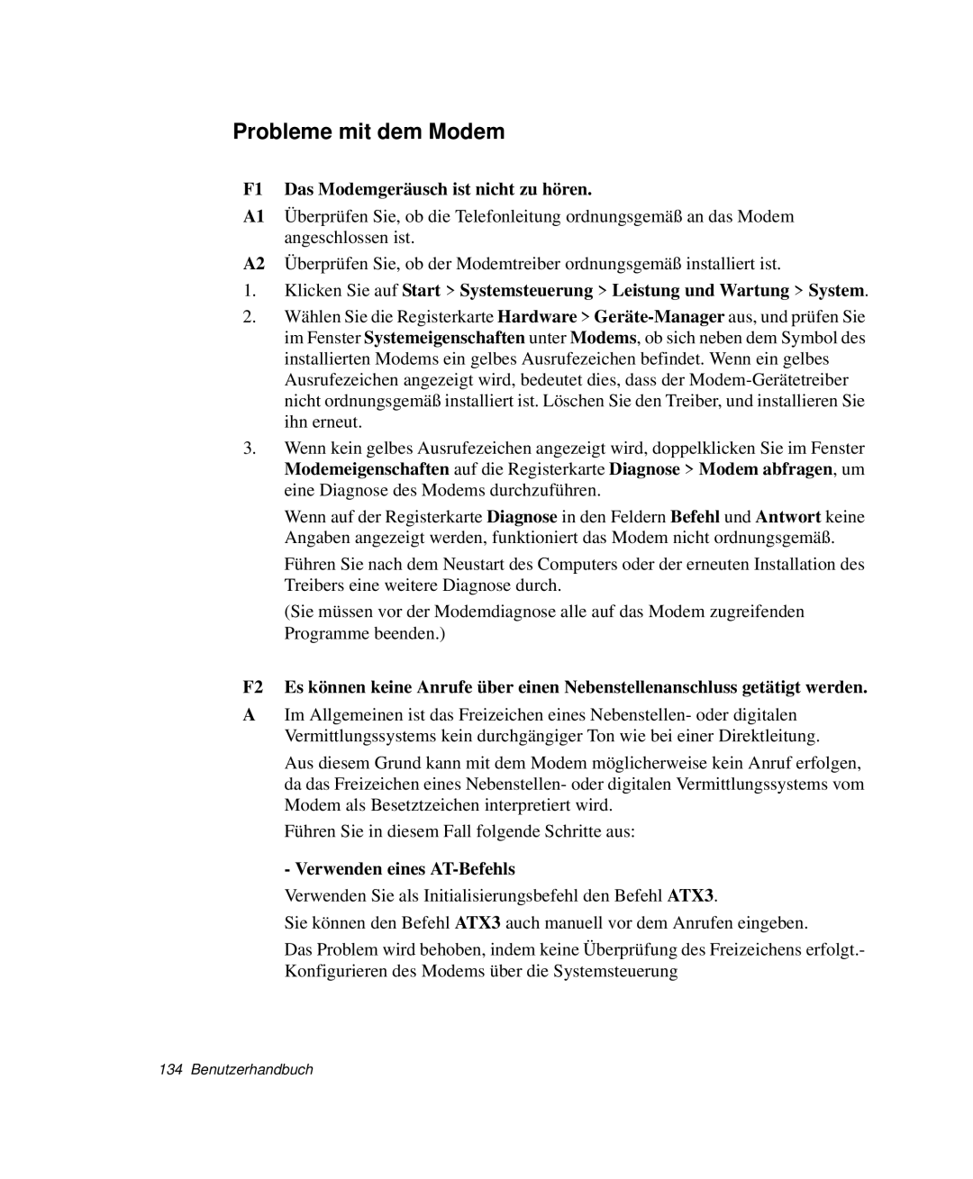 Samsung NP-M55T001/SEG manual Probleme mit dem Modem, F1 Das Modemgeräusch ist nicht zu hören, Verwenden eines AT-Befehls 