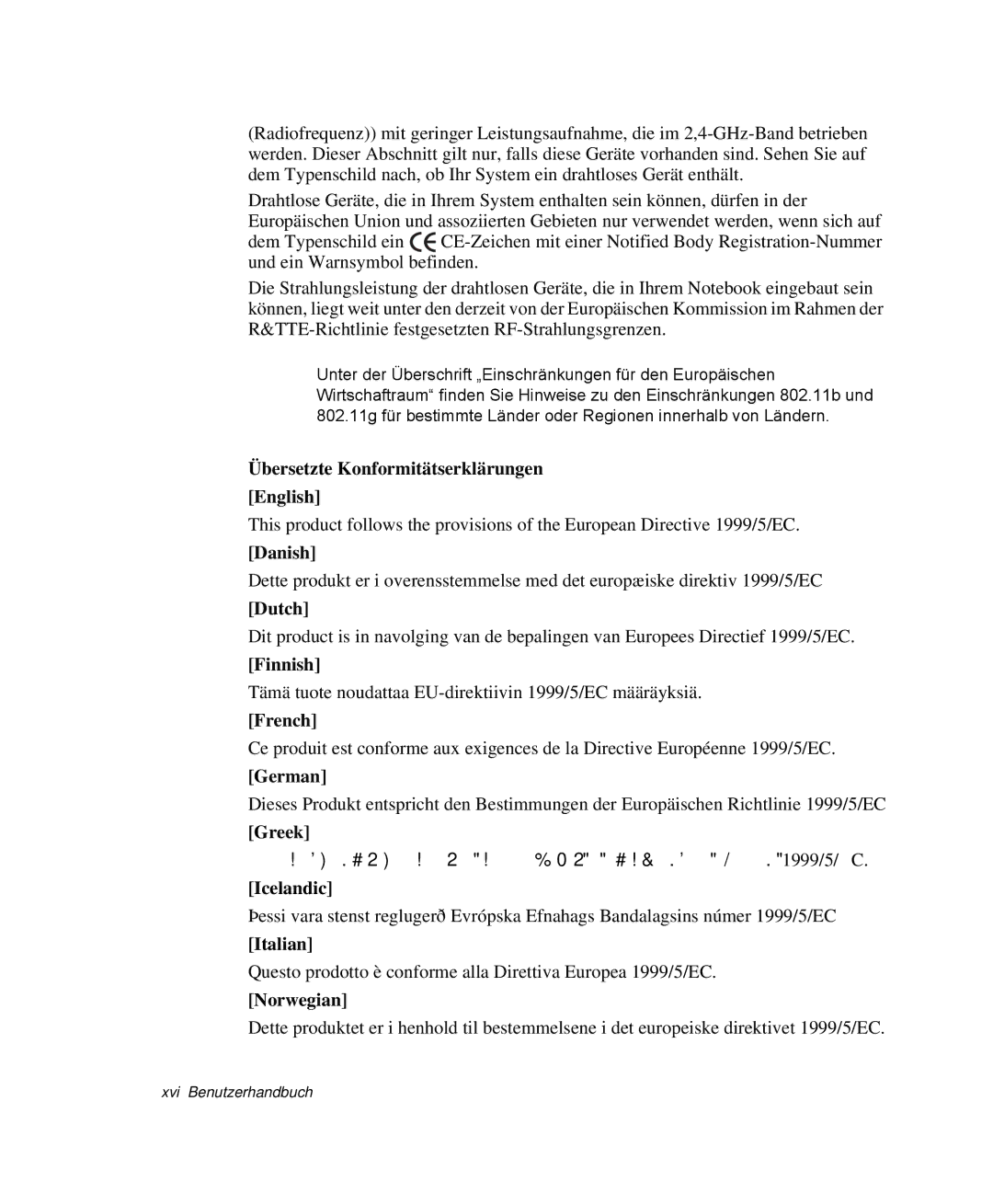 Samsung NP-M55T000/SEG Übersetzte Konformitätserklärungen English, Danish, Dutch, Finnish, French, German, Greek, Italian 