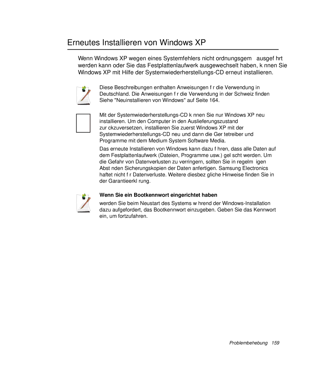 Samsung NP-M55T002/SEG, NP-M55T000/SEG Erneutes Installieren von Windows XP, Wenn Sie ein Bootkennwort eingerichtet haben 