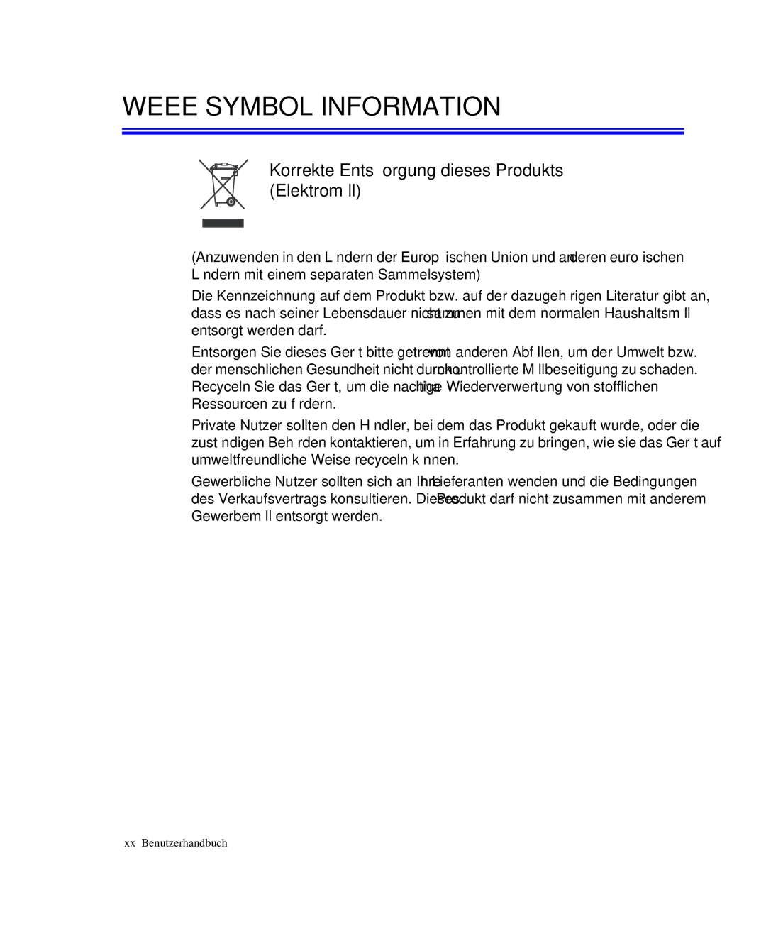 Samsung NP-M55T000/SEG, NP-M55C000/SEG manual Weee Symbol Information, Korrekte Entsorgung dieses Produkts Elektromüll 