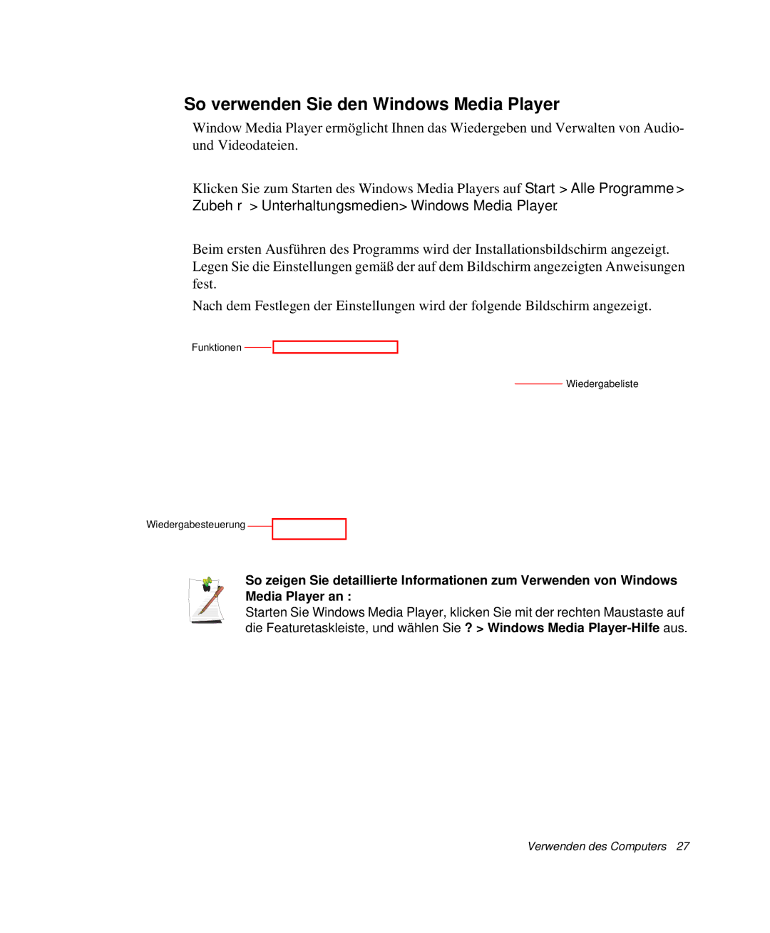 Samsung NP-M55T002/SEG, NP-M55T000/SEG, NP-M55C000/SEG, NP-M55T001/SEG manual So verwenden Sie den Windows Media Player 