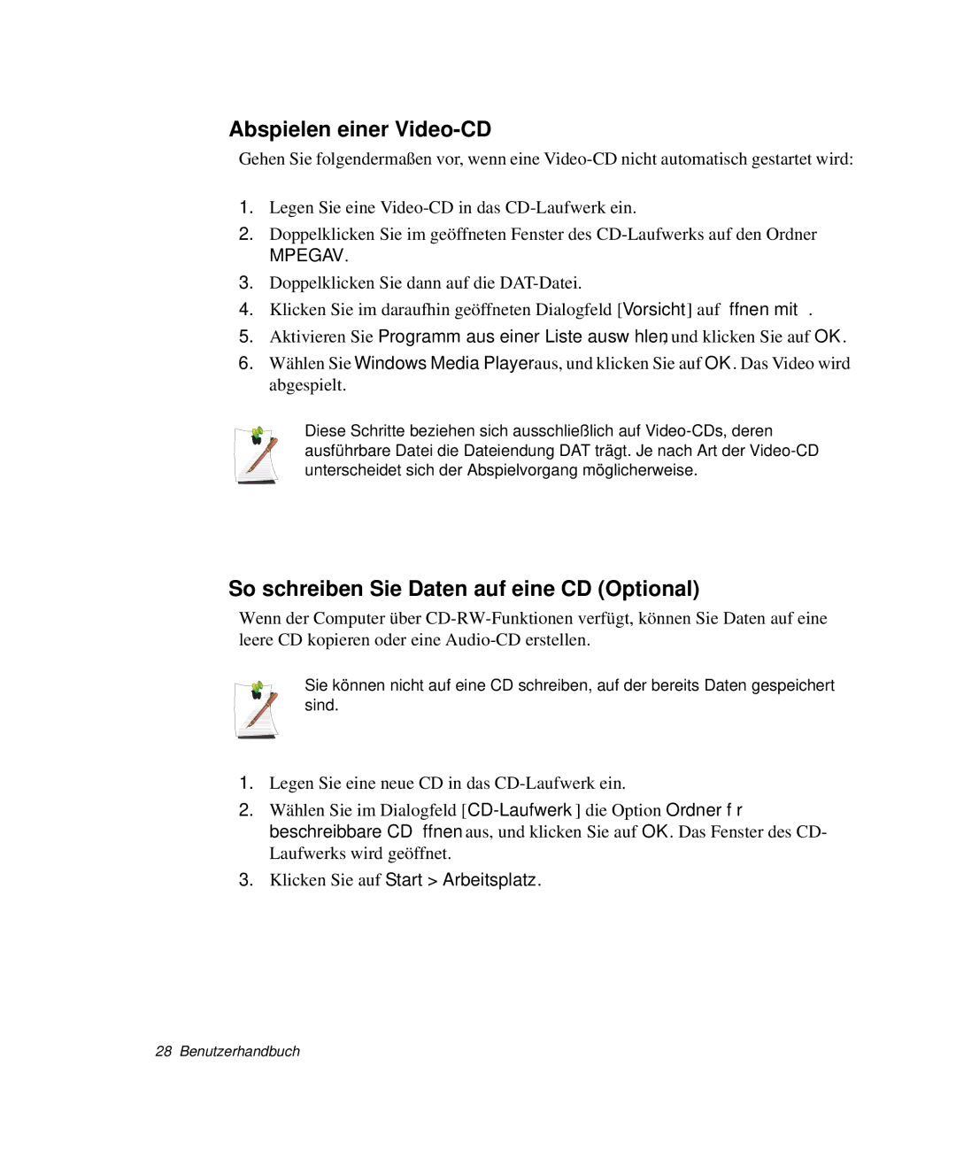 Samsung NP-M55T000/SEG, NP-M55C000/SEG manual Abspielen einer Video-CD, So schreiben Sie Daten auf eine CD Optional 