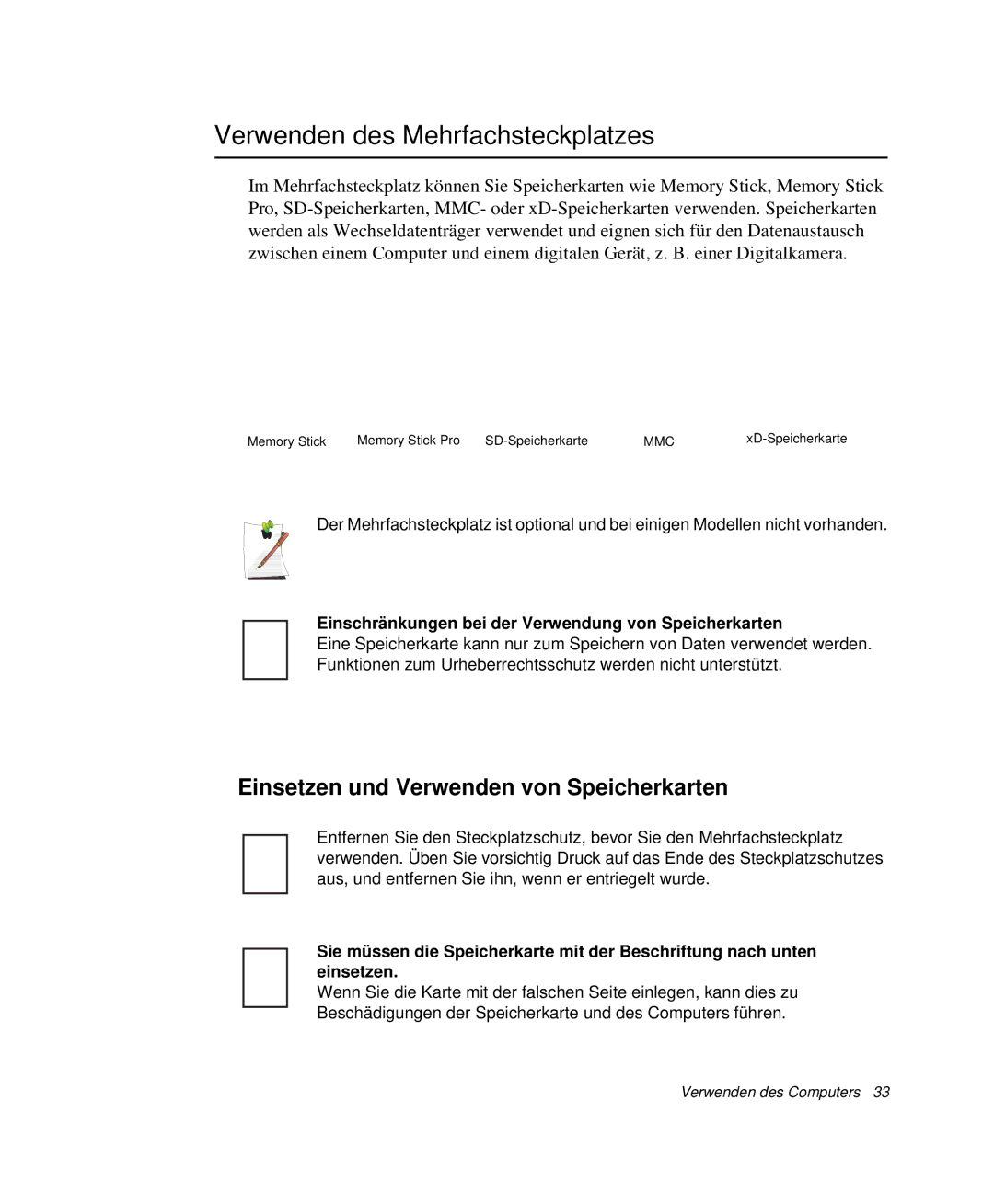 Samsung NP-M55C000/SEG, NP-M55T000/SEG manual Verwenden des Mehrfachsteckplatzes, Einsetzen und Verwenden von Speicherkarten 