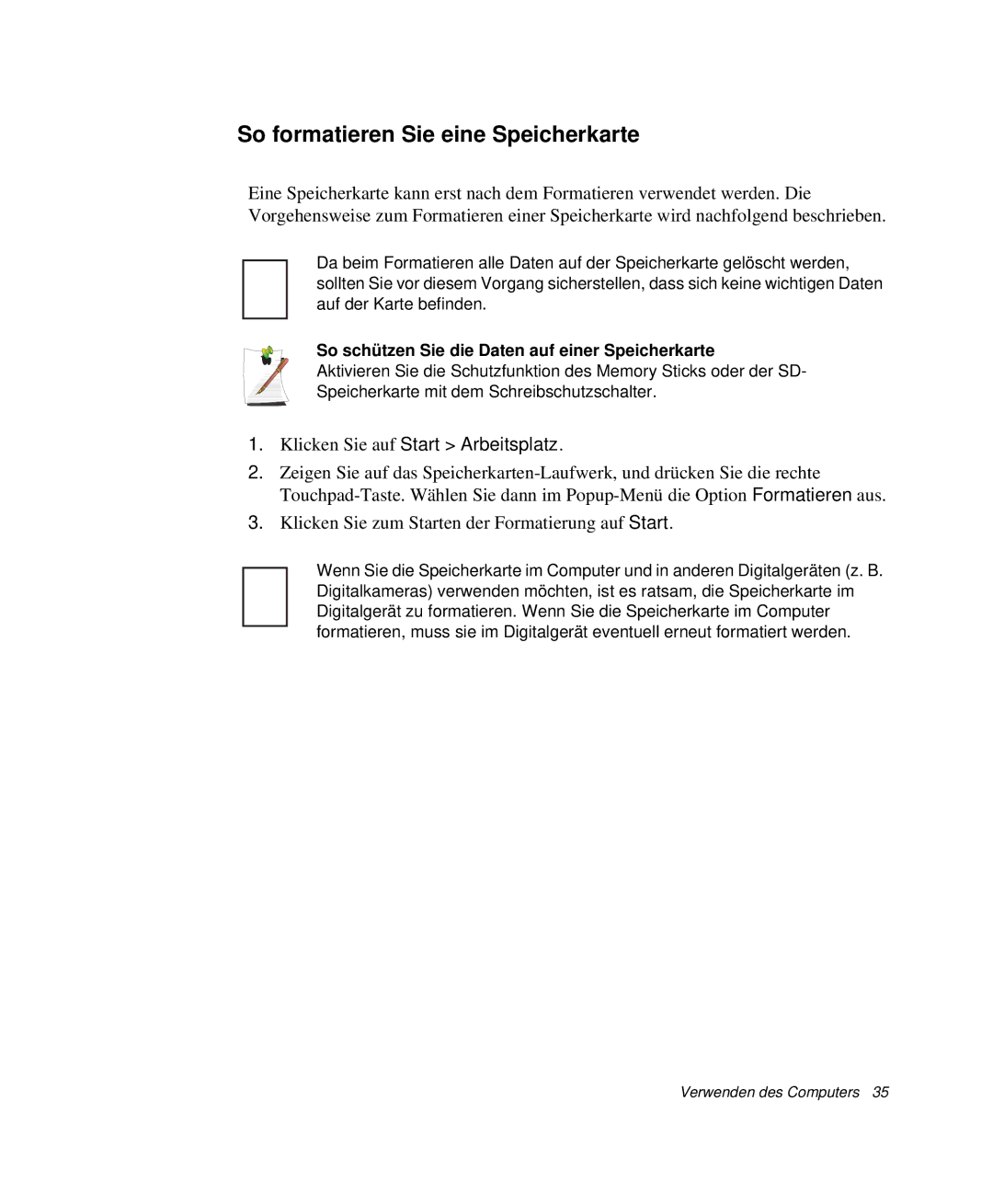 Samsung NP-M55T002/SEG manual So formatieren Sie eine Speicherkarte, So schützen Sie die Daten auf einer Speicherkarte 