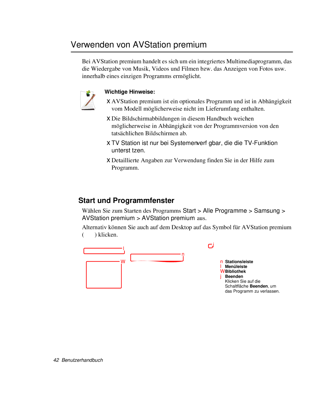 Samsung NP-M55T001/SEG, NP-M55T000/SEG manual Verwenden von AVStation premium, Start und Programmfenster, Wichtige Hinweise 