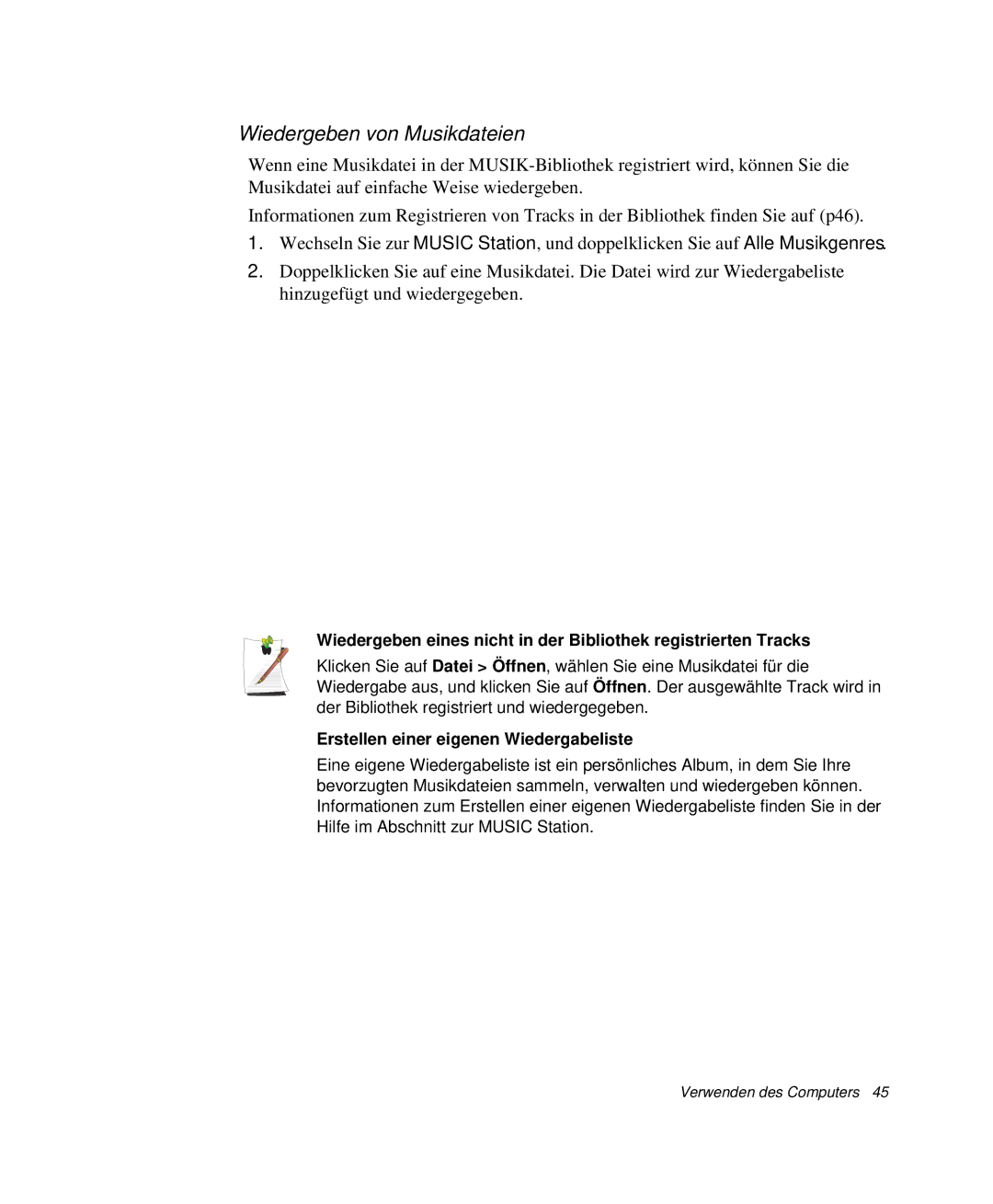 Samsung NP-M55C000/SEG, NP-M55T000/SEG manual Wiedergeben von Musikdateien, Erstellen einer eigenen Wiedergabeliste 