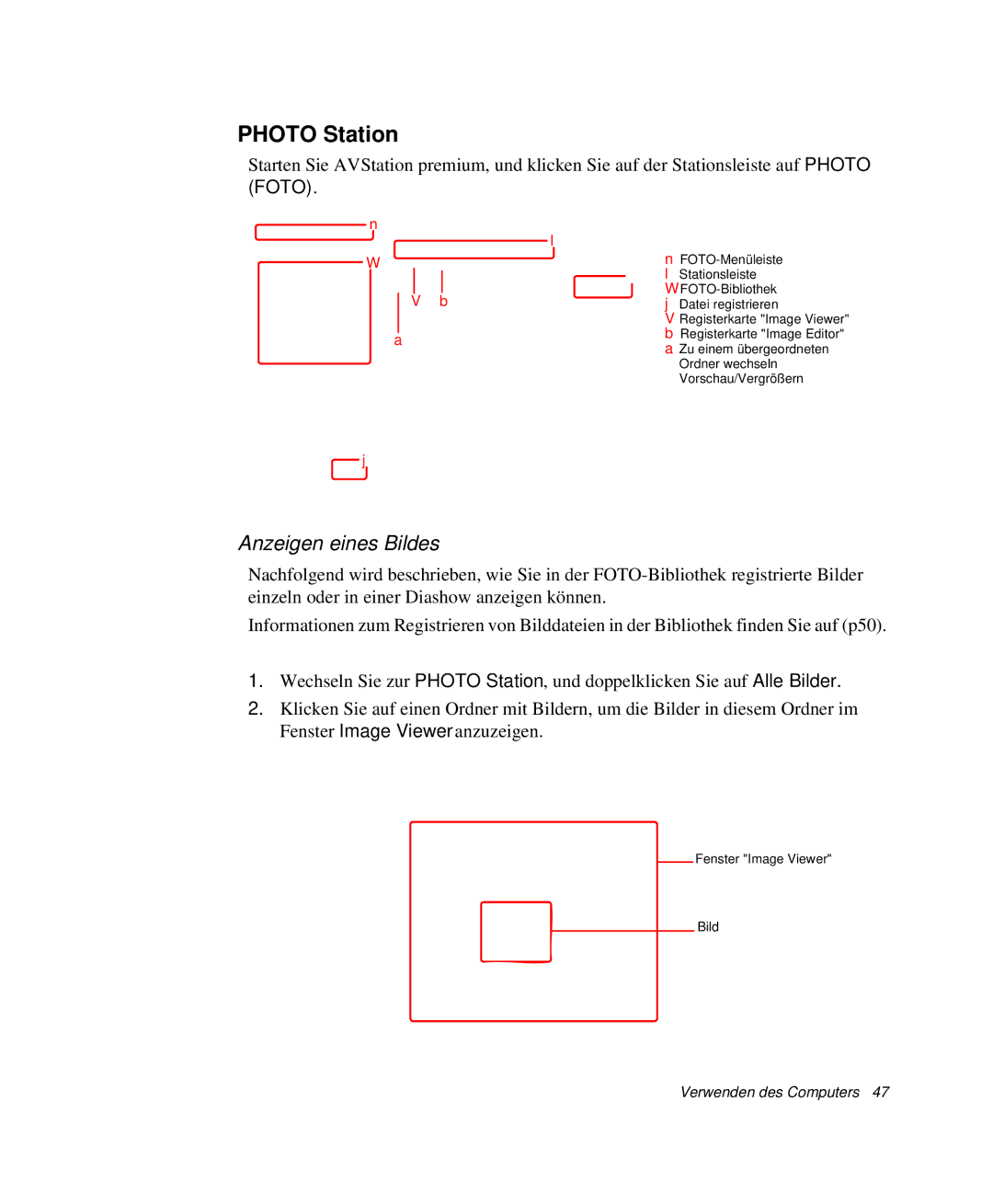 Samsung NP-M55T002/SEG, NP-M55T000/SEG, NP-M55C000/SEG, NP-M55T001/SEG manual Photo Station, Anzeigen eines Bildes 