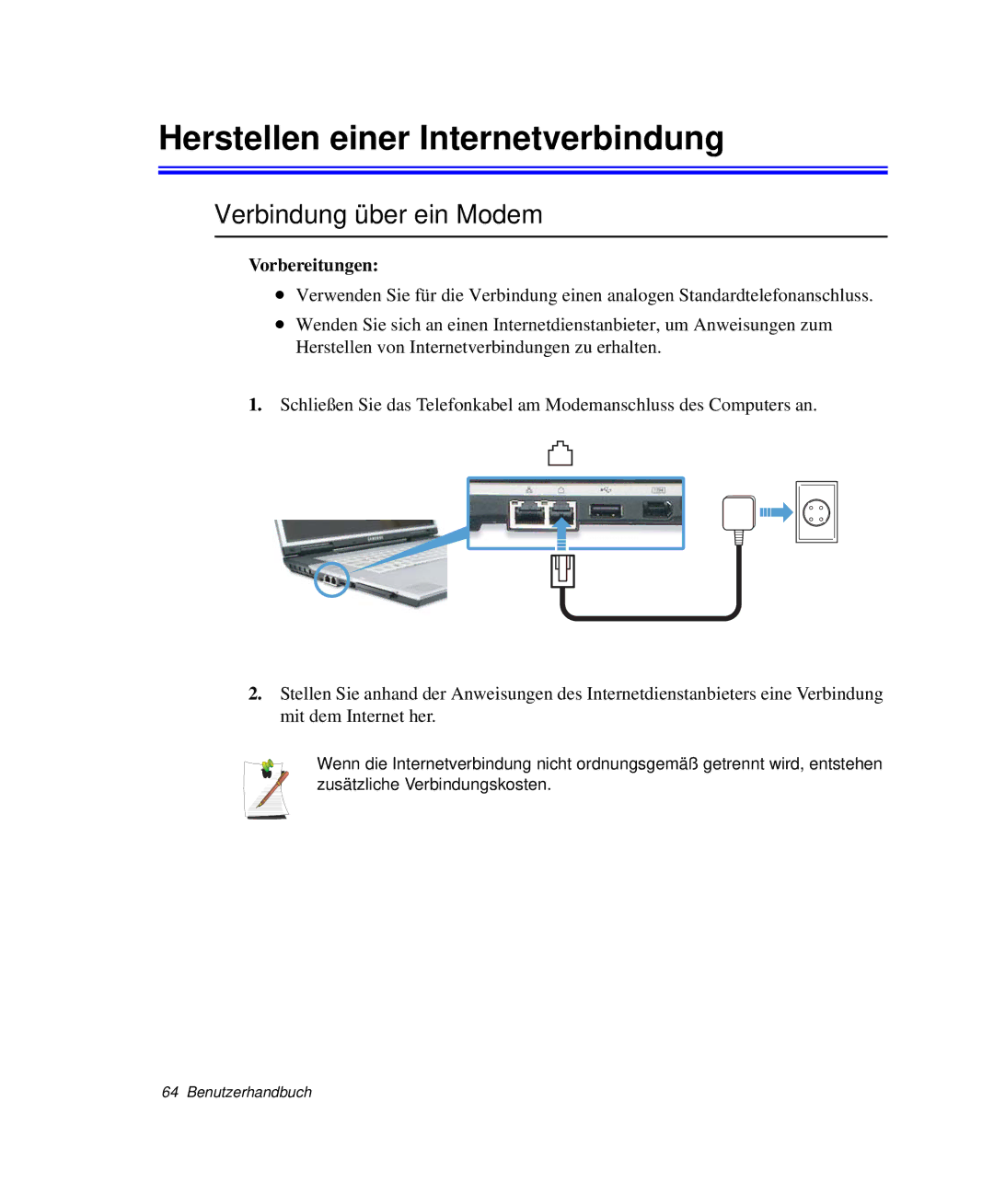 Samsung NP-M55T000/SEG, NP-M55C000/SEG manual Herstellen einer Internetverbindung, Verbindung über ein Modem, Vorbereitungen 