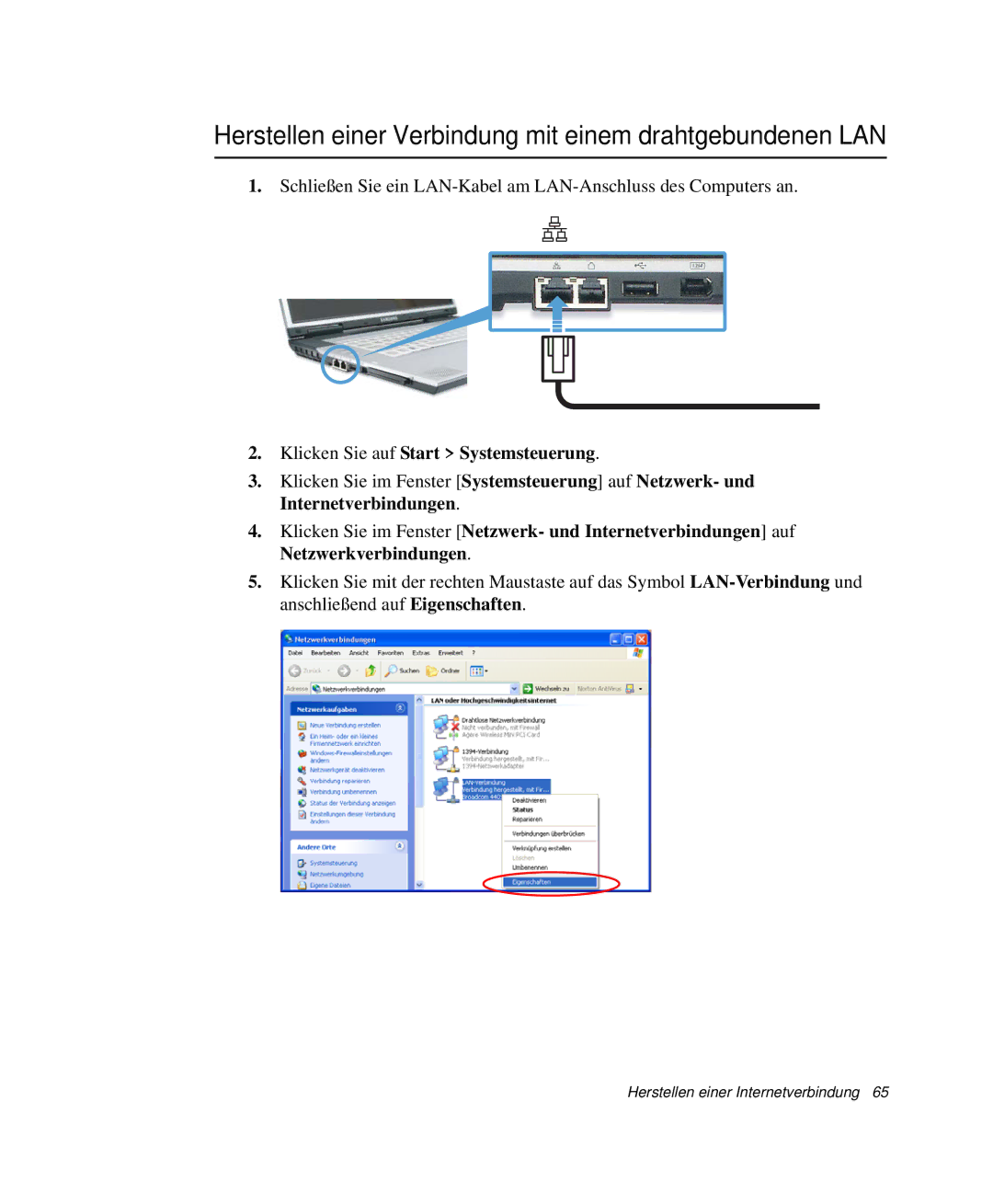 Samsung NP-M55C000/SEG Herstellen einer Verbindung mit einem drahtgebundenen LAN, Klicken Sie auf Start Systemsteuerung 