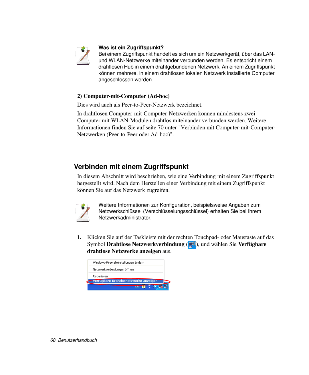Samsung NP-M55T000/SEG manual Verbinden mit einem Zugriffspunkt, Computer-mit-Computer Ad-hoc, Was ist ein Zugriffspunkt? 