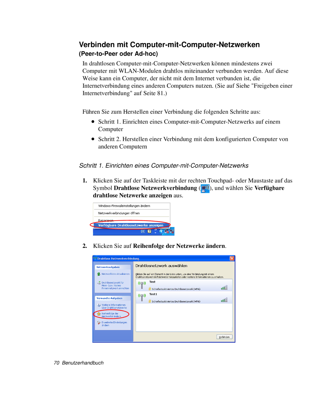 Samsung NP-M55T001/SEG, NP-M55T000/SEG manual Verbinden mit Computer-mit-Computer-Netzwerken, Peer-to-Peer oder Ad-hoc 