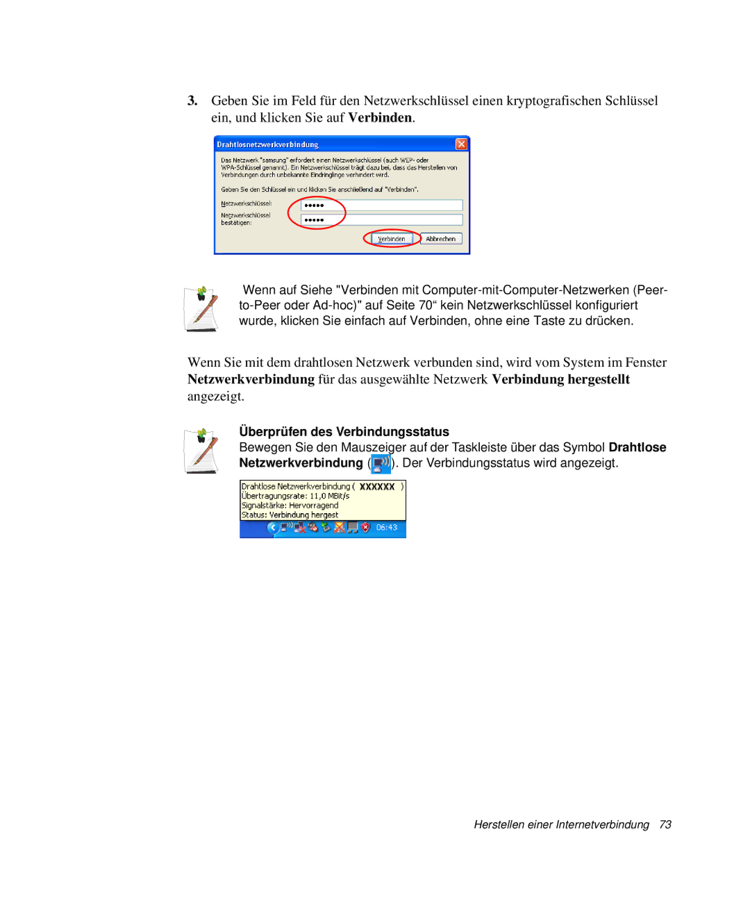 Samsung NP-M55C000/SEG, NP-M55T000/SEG, NP-M55T001/SEG, NP-M55T002/SEG manual Überprüfen des Verbindungsstatus 