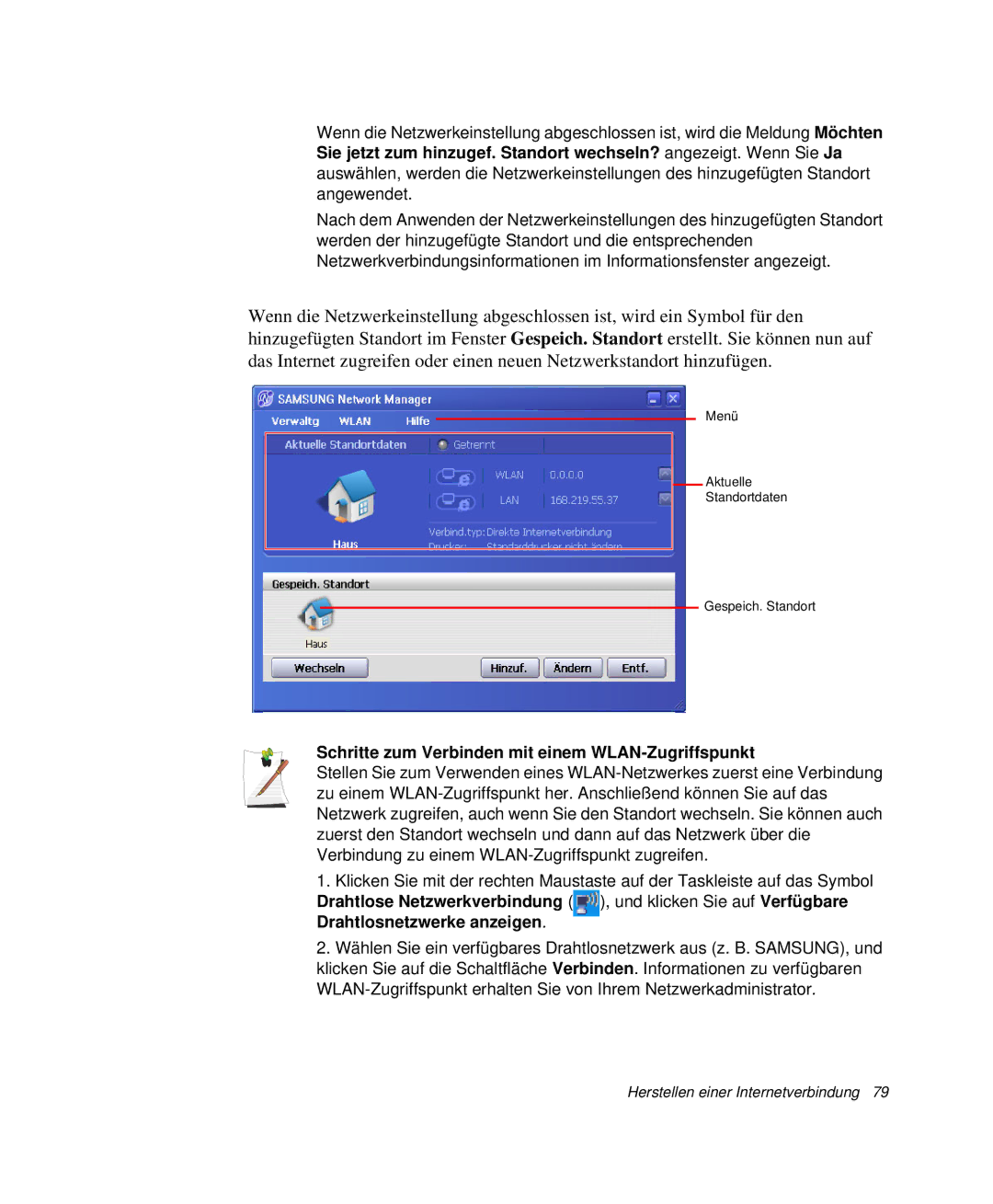 Samsung NP-M55T002/SEG, NP-M55T000/SEG, NP-M55C000/SEG, NP-M55T001/SEG Schritte zum Verbinden mit einem WLAN-Zugriffspunkt 