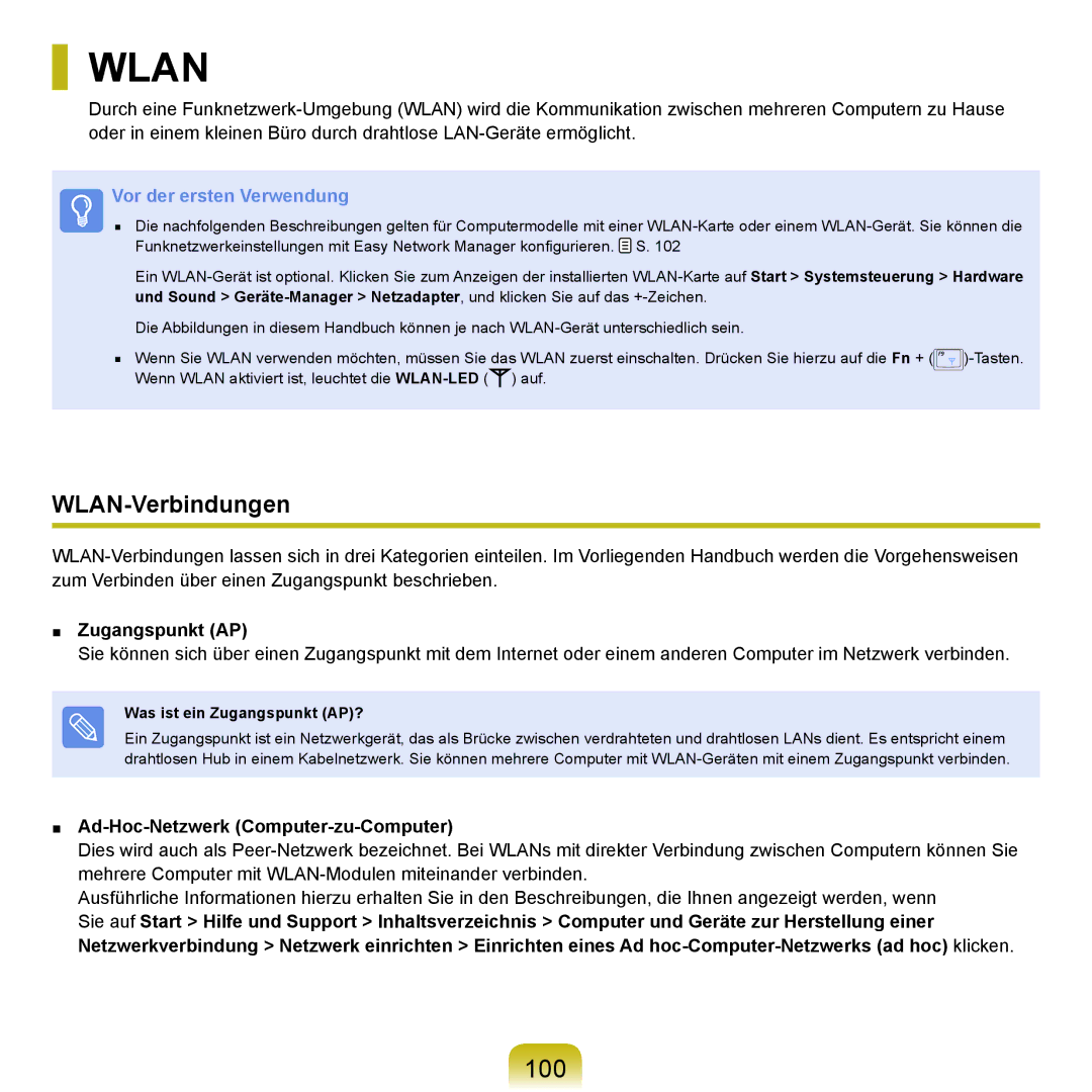 Samsung NP-M60A004/SEG, NP-M60A000/SEG manual 100, WLAN-Verbindungen, Zugangspunkt AP, Ad-Hoc-Netzwerk Computer-zu-Computer 