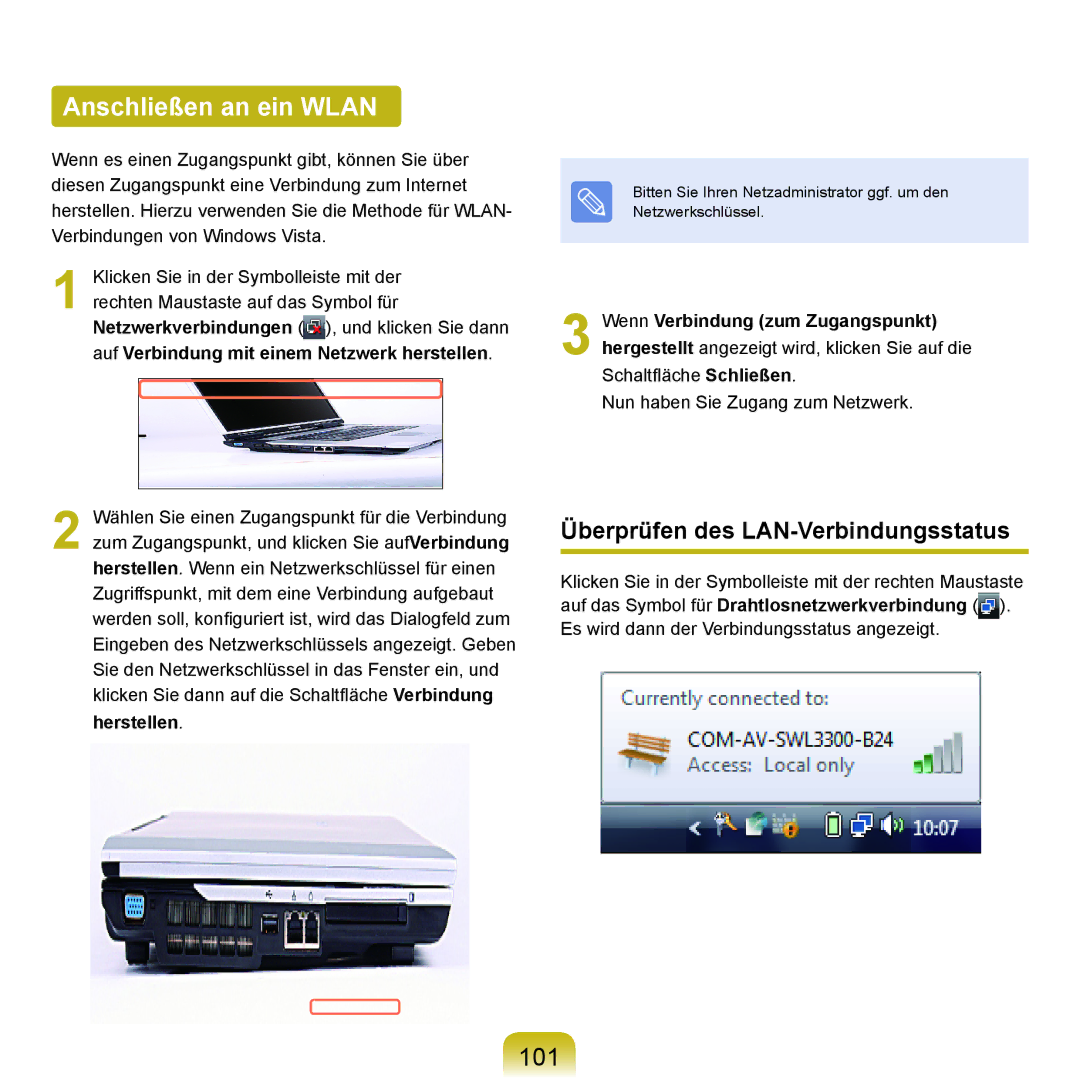 Samsung NP-M60A006/SEG, NP-M60A000/SEG manual Anschließen an ein Wlan, 101, Überprüfen des LAN-Verbindungsstatus, Herstellen 