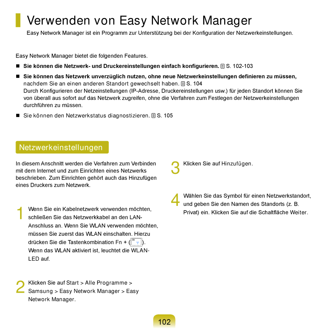 Samsung NP-M60A007/SEG, NP-M60A000/SEG, NP-M60A001/SEG manual Verwenden von Easy Network Manager, Netzwerkeinstellungen, 102 