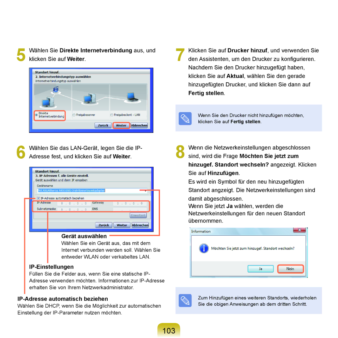 Samsung NP-M60A003/SEG, NP-M60A000/SEG manual 103, Gerät auswählen, IP-Einstellungen, IP-Adresse automatisch beziehen 