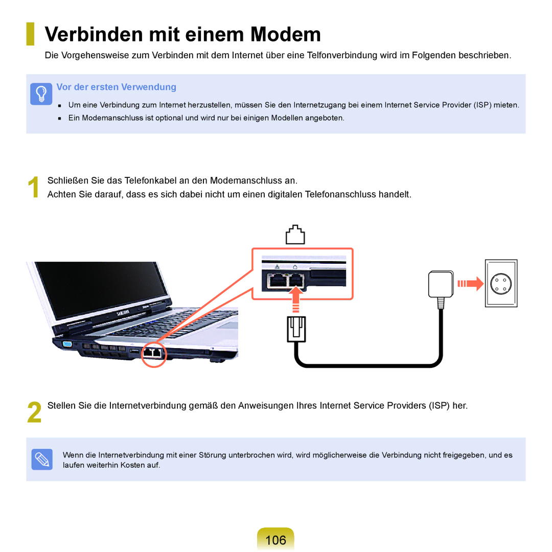 Samsung NP-M60A008/SEG, NP-M60A000/SEG, NP-M60A001/SEG, NP-M60A004/SEG, NP-M60A006/SEG manual Verbinden mit einem Modem, 106 