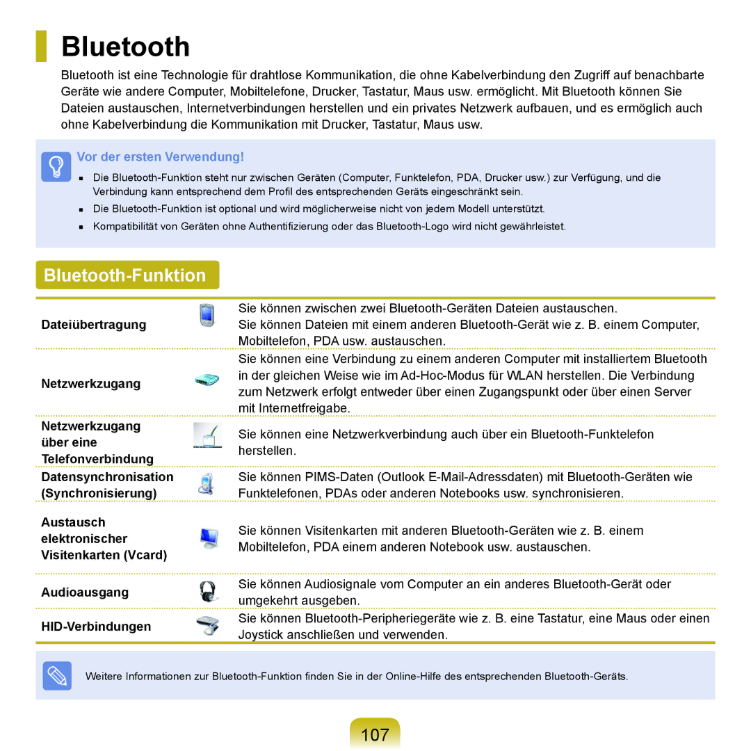 Samsung NP-M60A000/SEG, NP-M60A001/SEG, NP-M60A004/SEG, NP-M60A006/SEG, NP-M60A007/SEG manual Bluetooth-Funktion, 107 