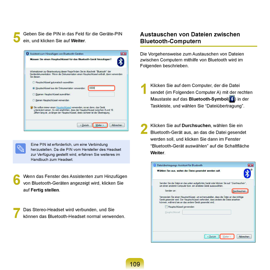 Samsung NP-M60A004/SEG, NP-M60A000/SEG, NP-M60A001/SEG manual 109, Austauschen von Dateien zwischen Bluetooth-Computern 