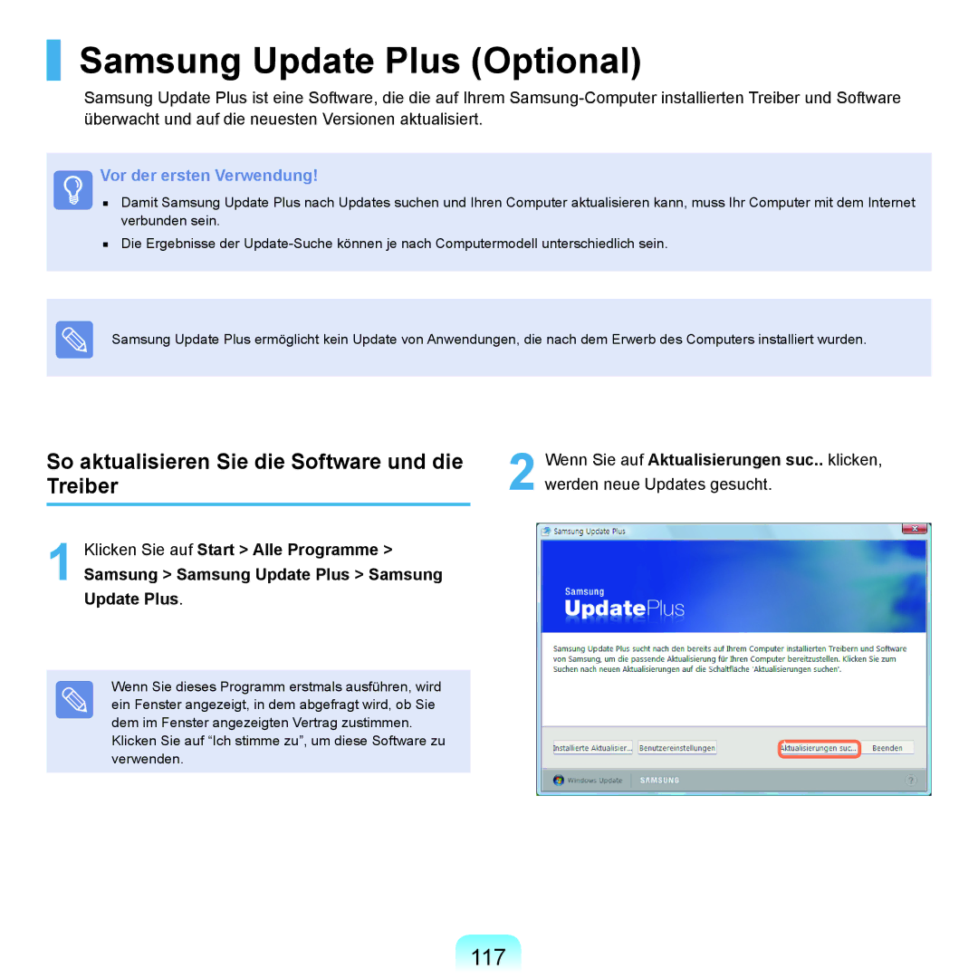 Samsung NP-M60A001/SEG manual Samsung Update Plus Optional, 117, So aktualisieren Sie die Software und die Treiber 