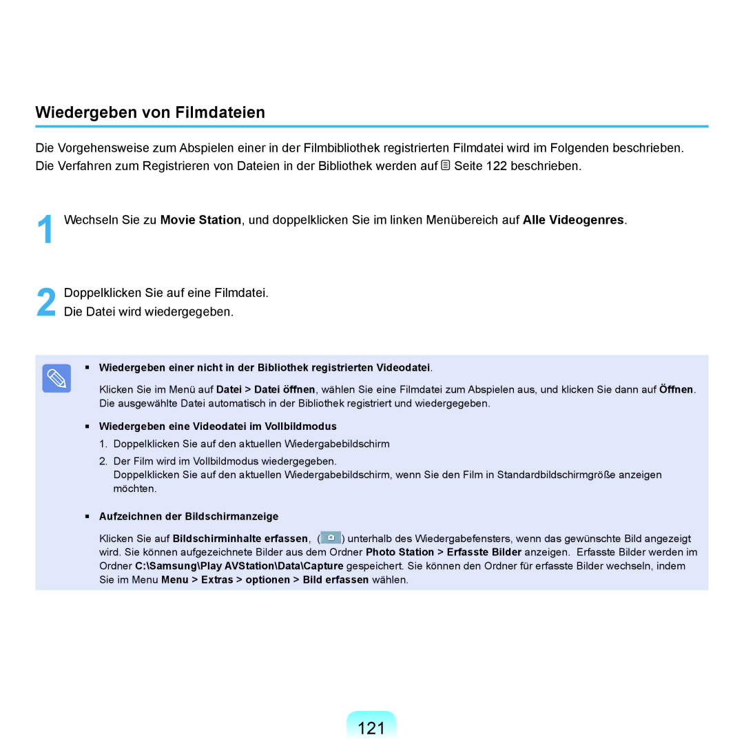 Samsung NP-M60A003/SEG, NP-M60A000/SEG manual 121, Wiedergeben von Filmdateien, Wiedergeben eine Videodatei im Vollbildmodus 