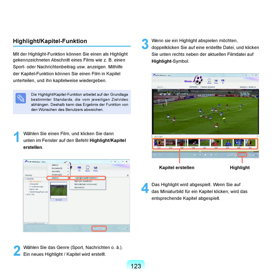 Samsung NP-M60A002/SEG, NP-M60A000/SEG, NP-M60A001/SEG manual 123, Highlight/Kapitel-Funktion, Kapitel erstellenHighlight 